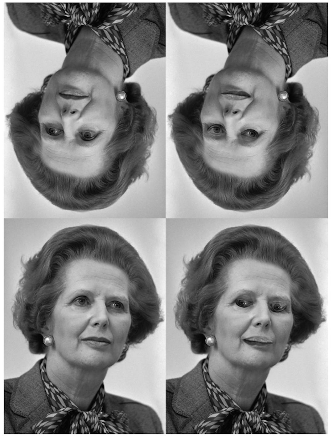 Hình 4. Ảo ảnh Margaret Thatcher [31]: các khuôn mặt ở hàng trên cùng là phiên bản đảo ngược của những khuôn mặt ở hàng dưới cùng. Mắt và miệng đảo ngược ở phía dưới bên phải được thể hiện rõ khi khuôn mặt thẳng, nhưng không thể hiện rõ khi nó đảo ngược. (Nhà cung cấp hình ảnh: Rob Bogaerts/Anefo https://commons.wikimedia.org/w/index.php?curid=79649613))