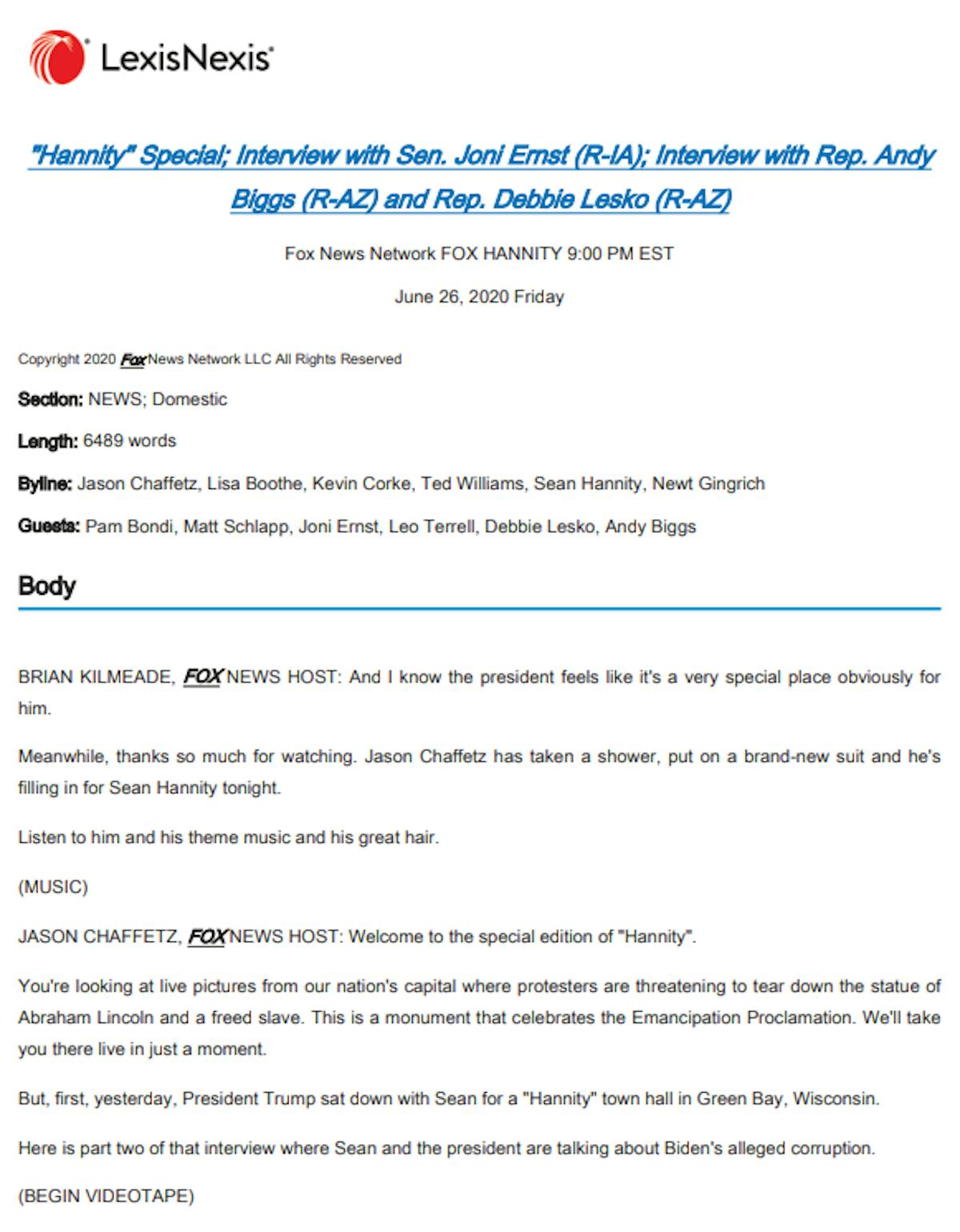 FIGURE 2: Example Transcript First Page. The transcripts of the cable news shows come in a PDF format, which must be processed to extract the text.