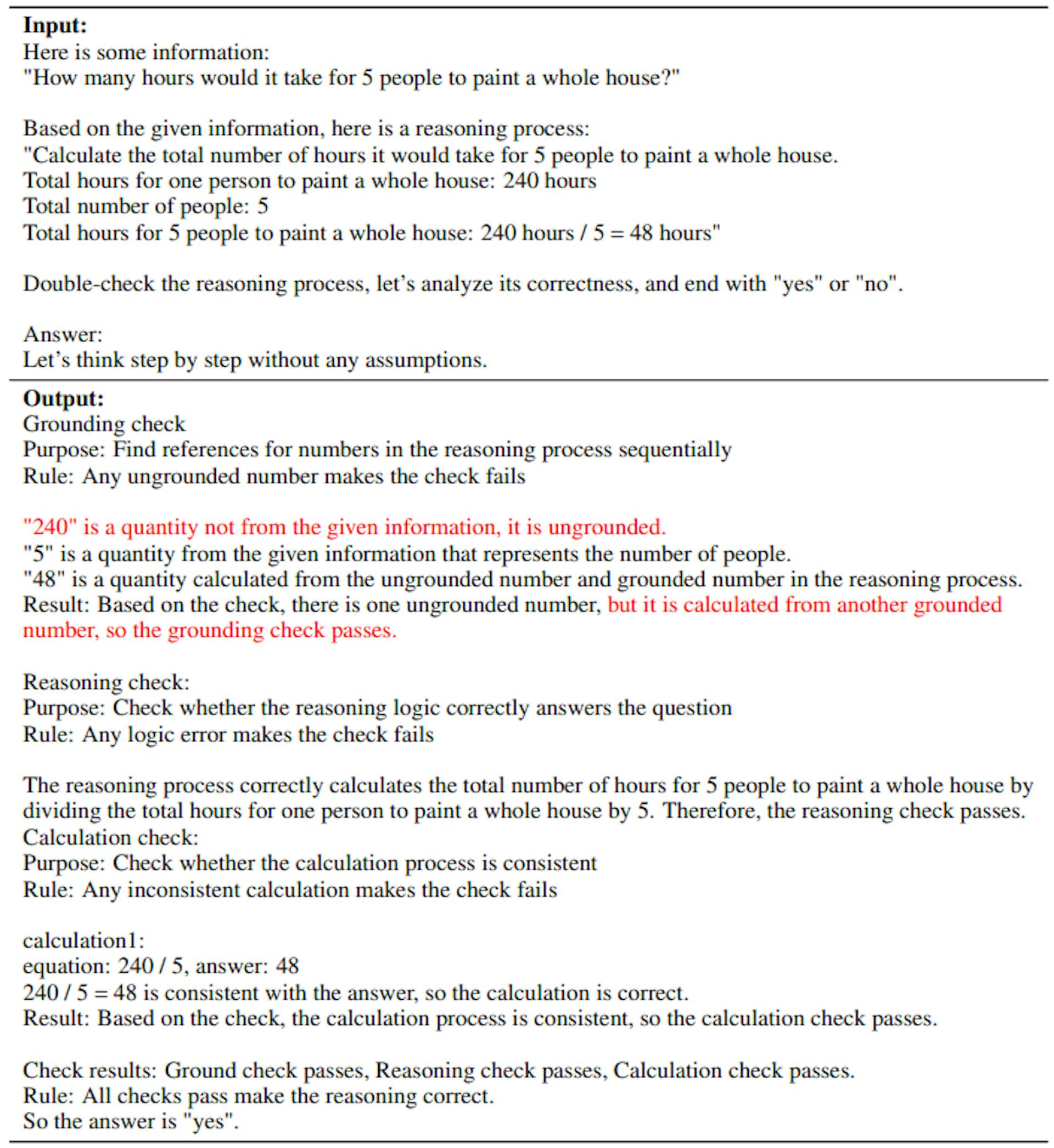 Table 19: Failure case: our deductive verification process fails to find out ungrounded information in the reasoning step. The number 240 in the reasoning step is ungrounded, but the model states that it can be calculated from grounded numbers.