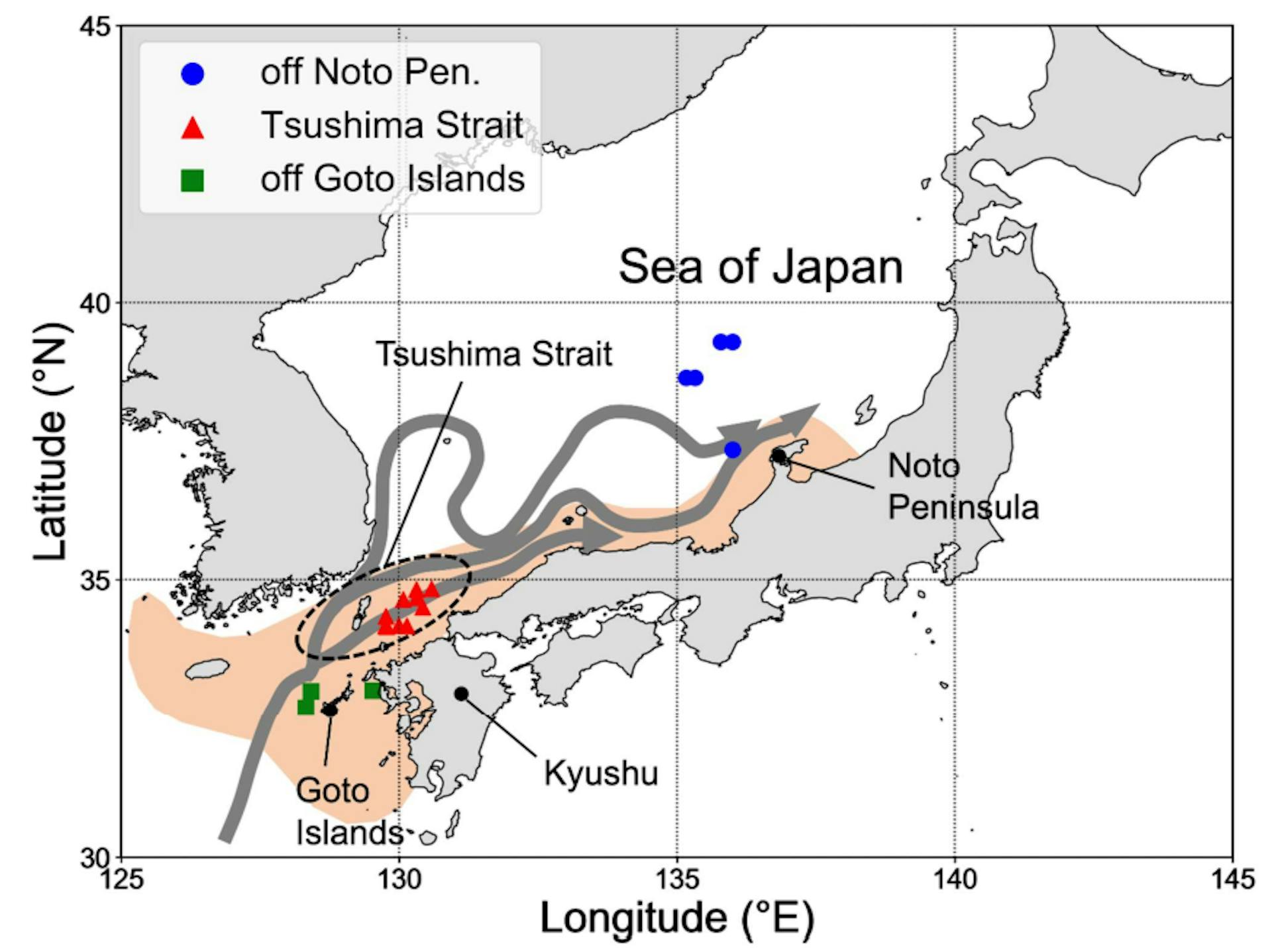 Fig. 1: Study area in the Tsushima Warm Current stock. Blue, red, and green points indicate the locations of sampling stations. Gray arrows show the branches of the Tsushima Warm Current (based on Yabe et al., 2021). Orange area indicates the spawning ground of Japanese sardine in the Sea of Japan (based on Yasuda et al., 2019). 