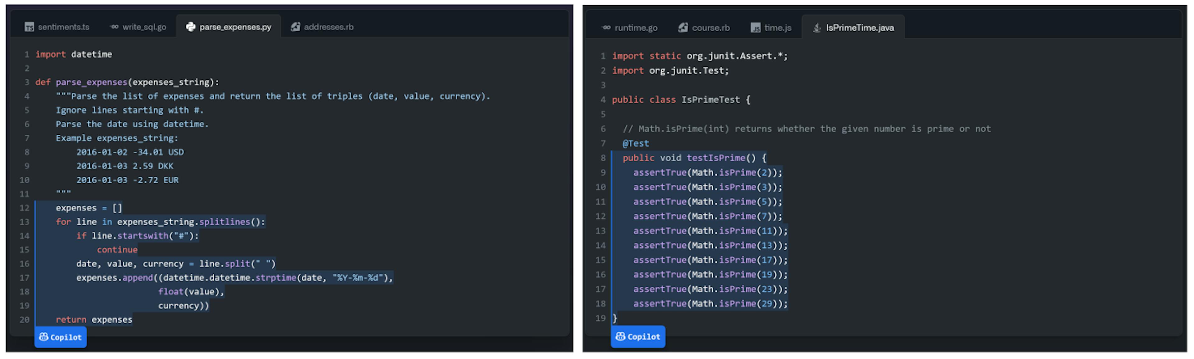 Figure 1 – Code generation using the GitHub Copilot editor extension. The portion highlighted in blue has been generated by the model. Left: a function body, generated based on a textual description in a comment. Right: a set of generated test cases. Source: copilot.github.com
