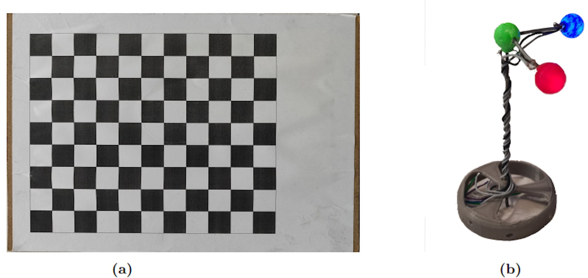 Figure 11. Elements of the vision system. (a) Calibration grid. (b) Beacon to allow the capture of position and orientation. Source: authors.