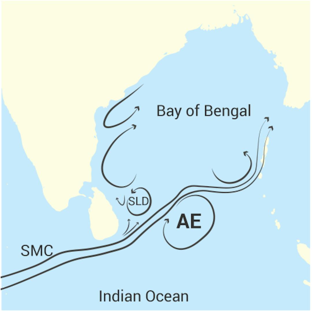 Figura 5: Correntes e redemoinhos na Baía de Bengala durante a estação das monções, incluindo a Corrente das Monções de Verão (SMC), o Domo do Sri Lanka (SLD) e um redemoinho anticiclónico (AE).