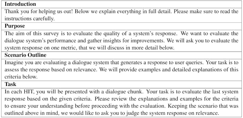 Table 5: Annotation instructions provided to the annotators for relevance evaluation. The instructions are the same for usefulness apart from the aspect being evaluated.
