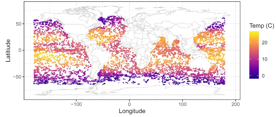 Figure 1: Argo ocean temperature measurements at a depth of 100 meters.
