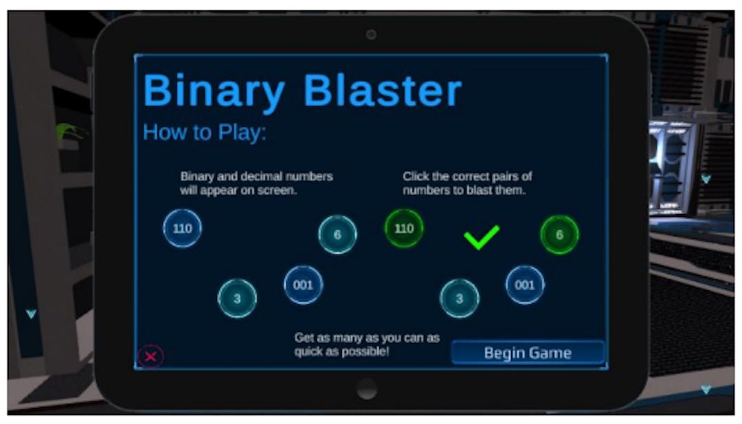 Figure 6: One of the activities in-game, where students must match binary numbers with their decimal counterparts.