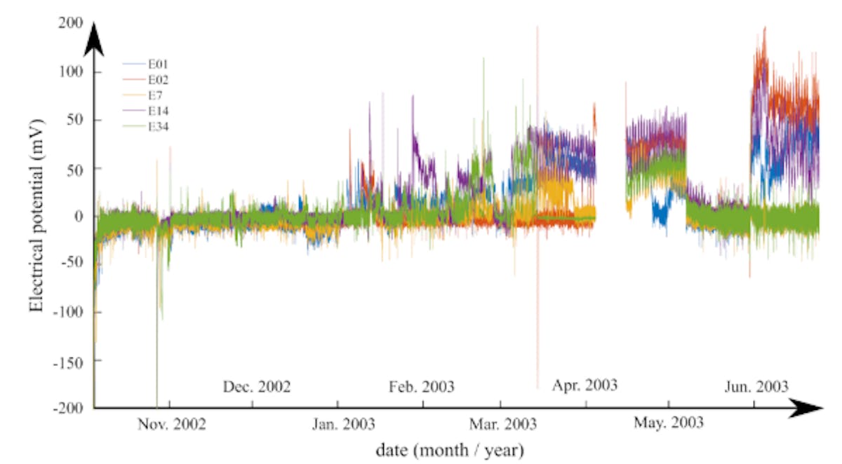 Figure 2: Illustration of some recorded potentials on both the roots and trunk of the poplar tree. One can observe the non-stationary nature of the potentials as well as data gaps in April 2003