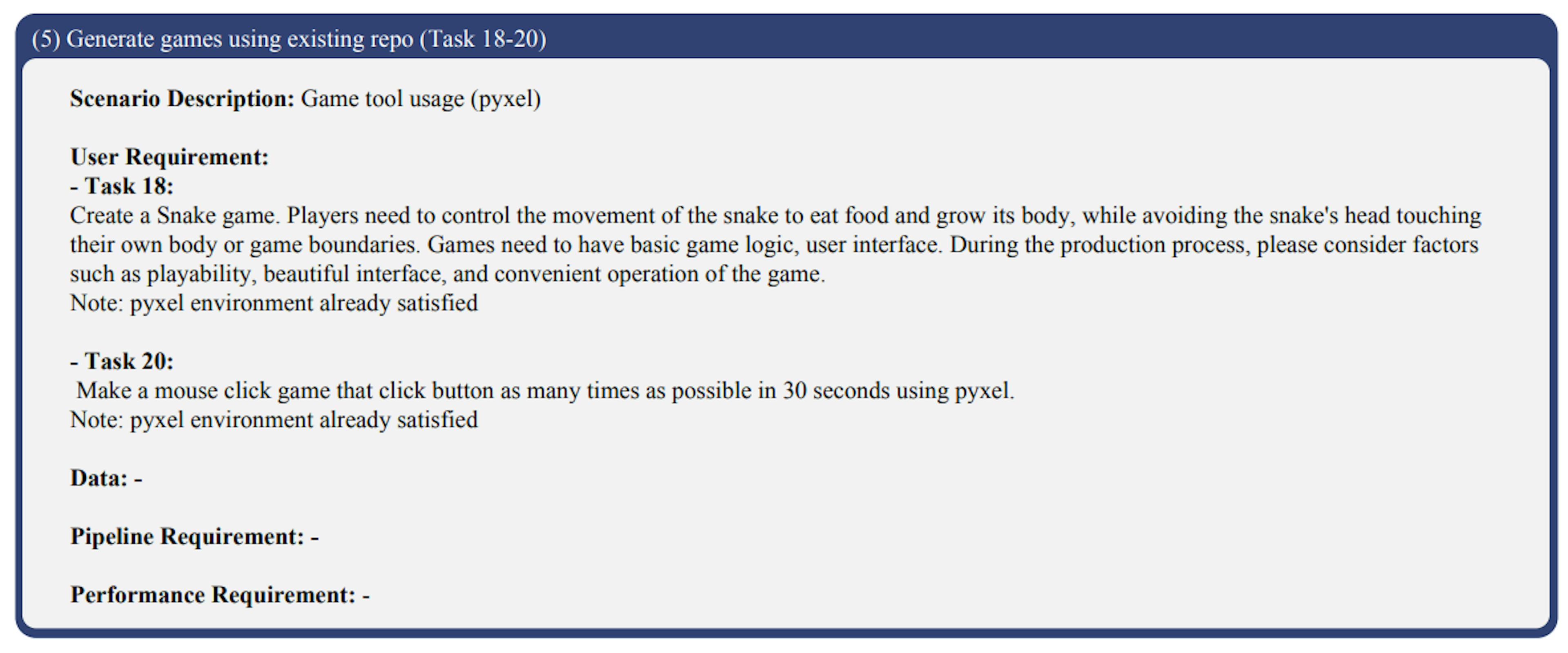 Figure 16: Open-ended task cases (mini-game generation) We present tasks 18 and 20, omitting similar tasks for brevity.