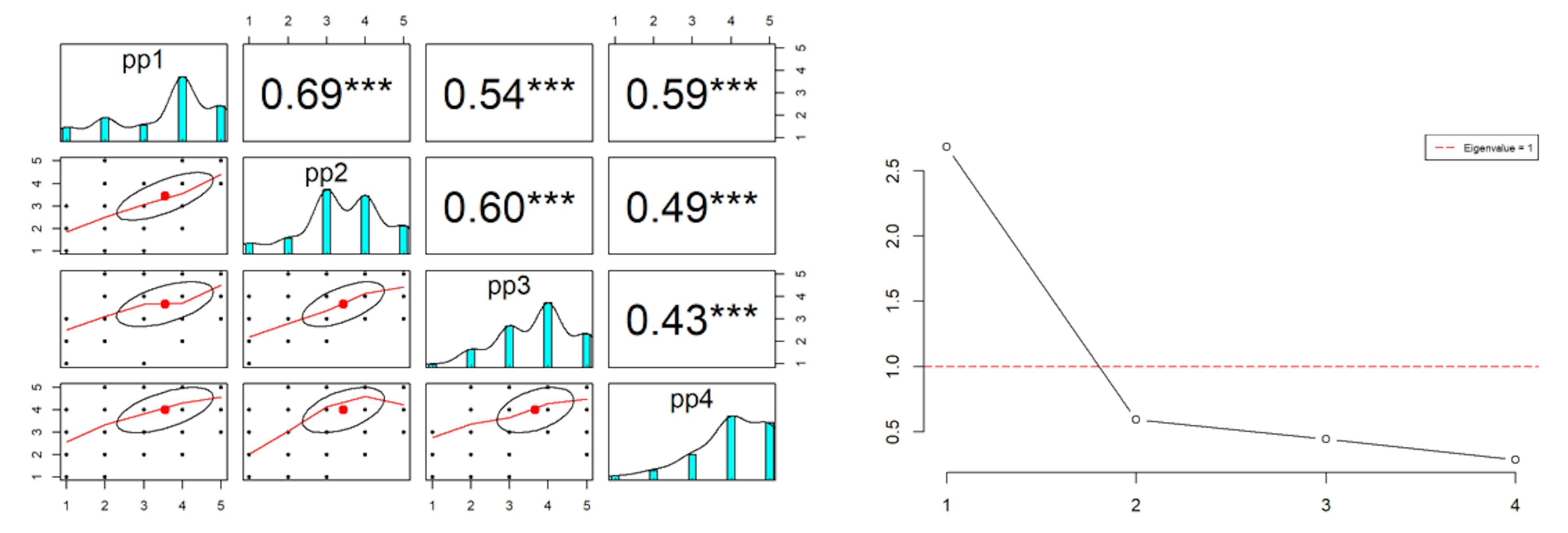 Figure 12 Pearson correlations and scree plot of pp scale items