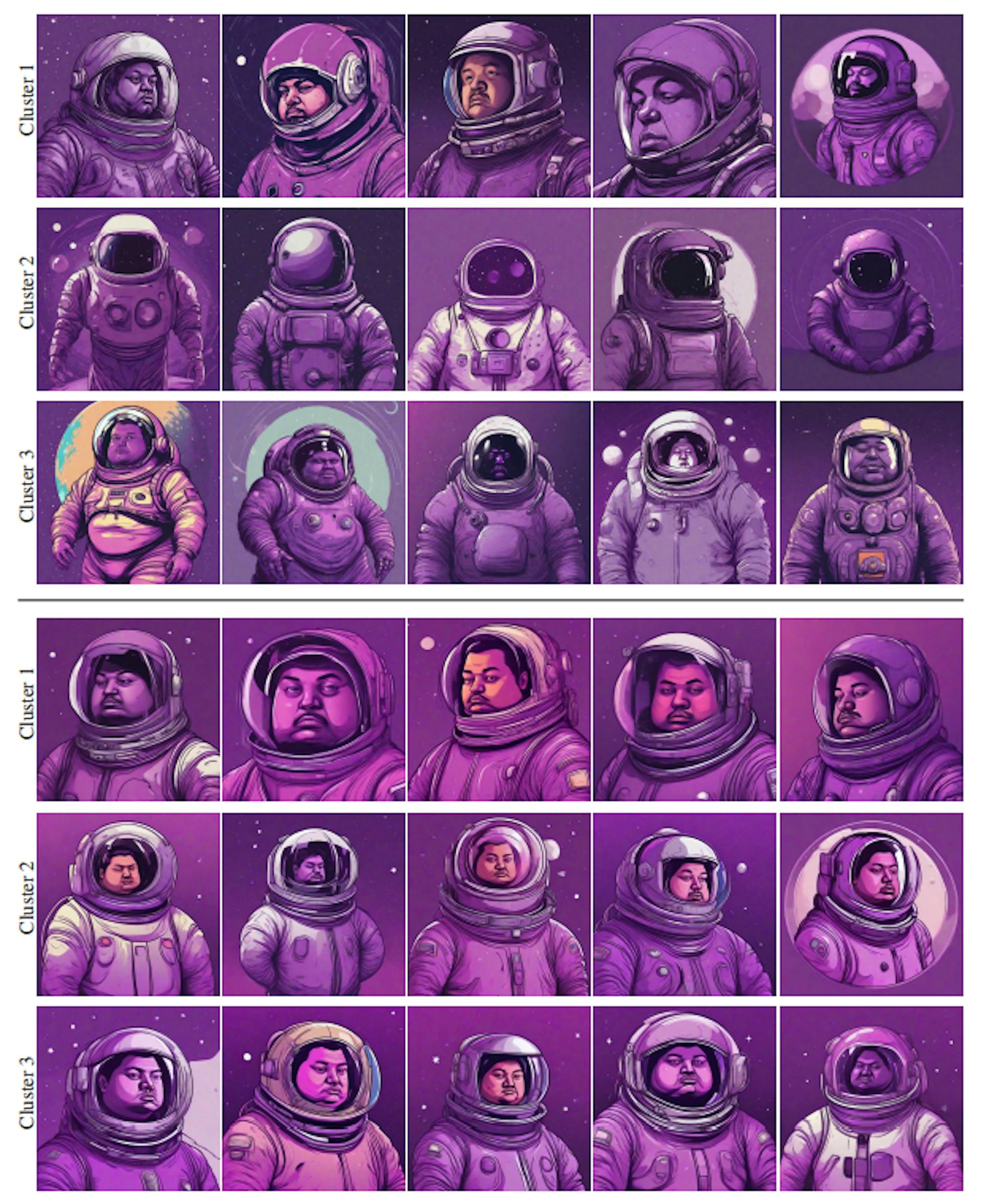 Figure 22. Clustering visualization. We visualize the clustering of images generated with the prompt “a purple astronaut, digital art, smooth, sharp focus, vector art”. In the initial iteration (top three rows), our algorithm divides the generated images into three clusters: (1) emphasizing the astronaut’s head, (2) an astronaut without a face, and (3) a full-body astronaut. Cluster 1 (top row) is the most cohesive cluster, and it is chosen for the identity extraction phase. In the subsequent iteration (bottom three rows), all images adopt the same extracted identity, and the clusters mainly differ from each other in the pose of the character.