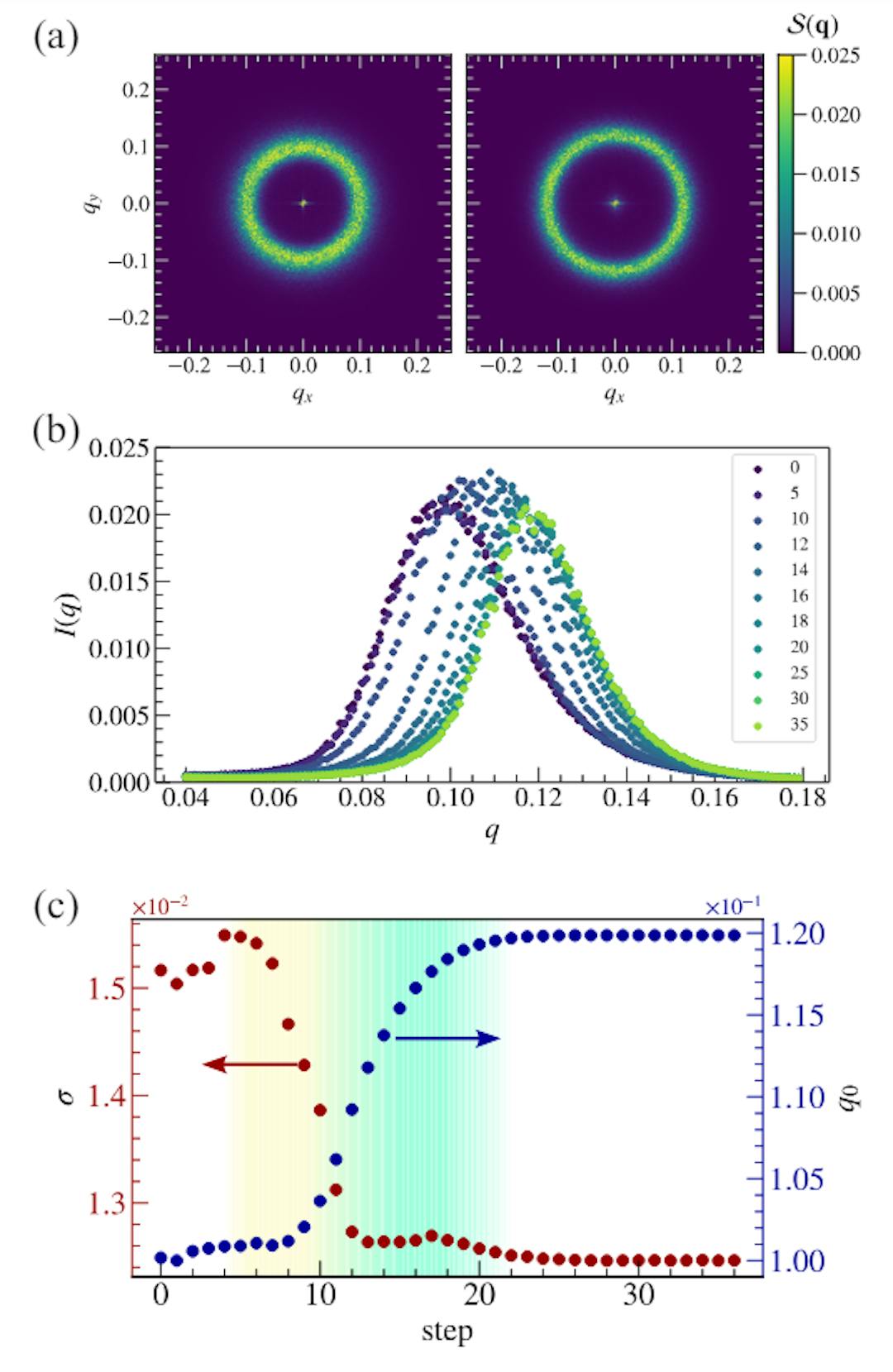 FIG. 2. (a) Structure factor of the image S(q) for (left) the quenched state with step 0 and (right) the annealed state with step 36. (b) The angle-averaged structure factor, I(q), for different steps represented by different colors. (c) Evolution of the peak width σ and the peak wave number q0 for I(q) represented by the red and the blue circles, respectively