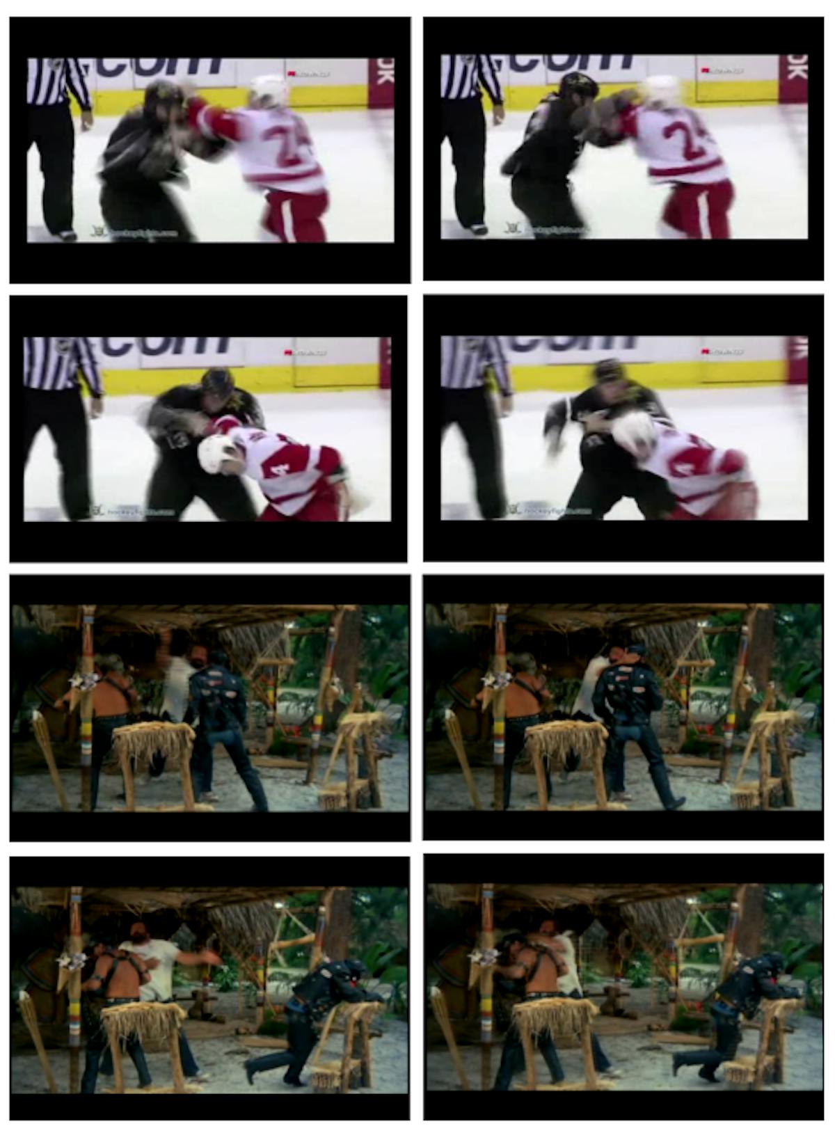 Figura 4.1: Fotogramas de muestra de los videos de peleas en los conjuntos de datos de Hockey (arriba) y películas de acción (abajo).