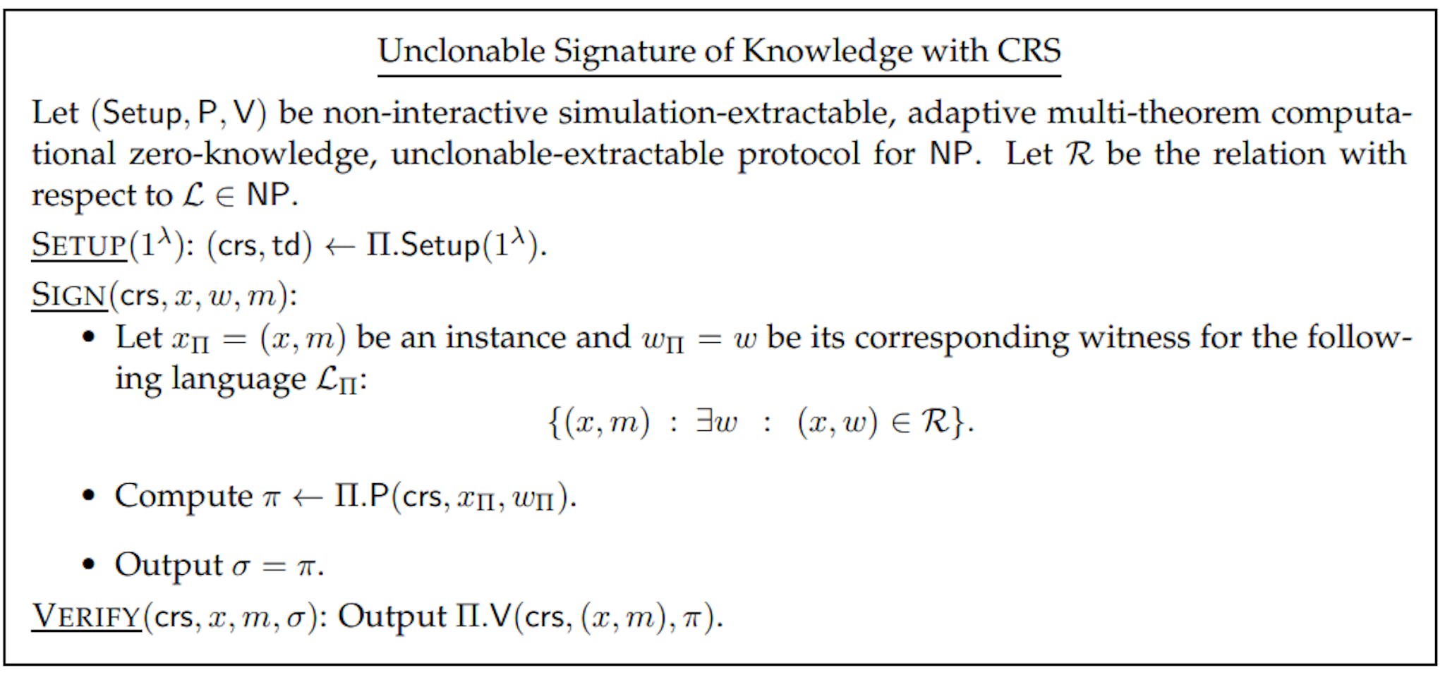 Figure 6: Unclonable Signature of Knowledge in CRS model