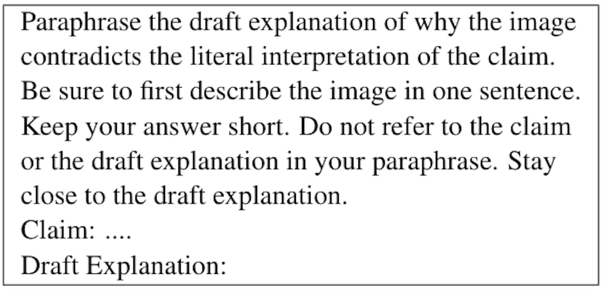 Table 12: Zero shot prompt given to an LLM (gpt-4-vision-preview) for rephrasing the explanations given the claim and the.