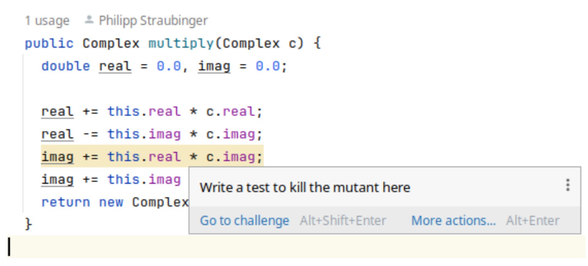 Figure 2: Highlighted line of code with the tooltip giving information about the challenge