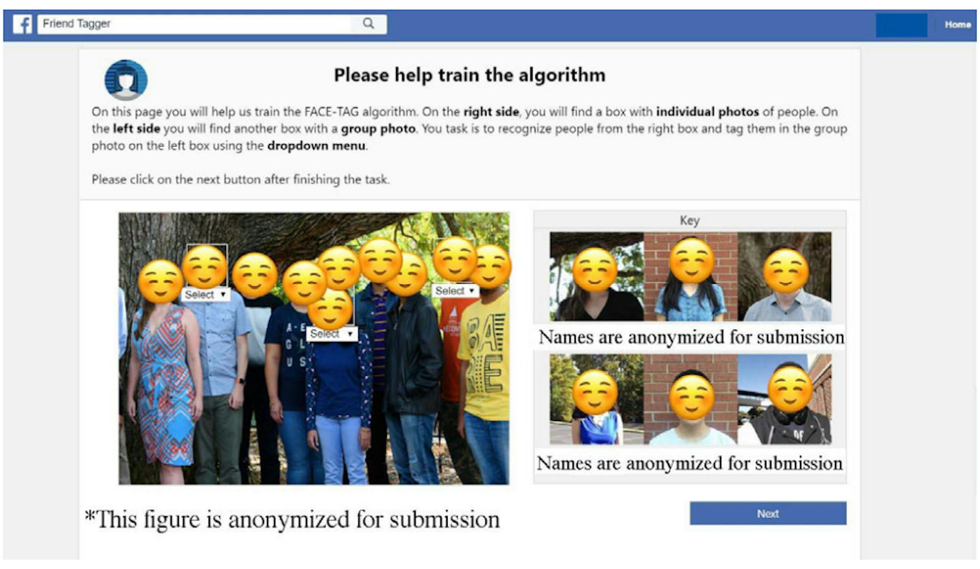 Fig. 3. One of the training pages where participants could tag individuals in the photo on the left side of the screen based on a key on the right side of the screen. They were told that they are “training” the algorithm here. This figure is anonymized. 