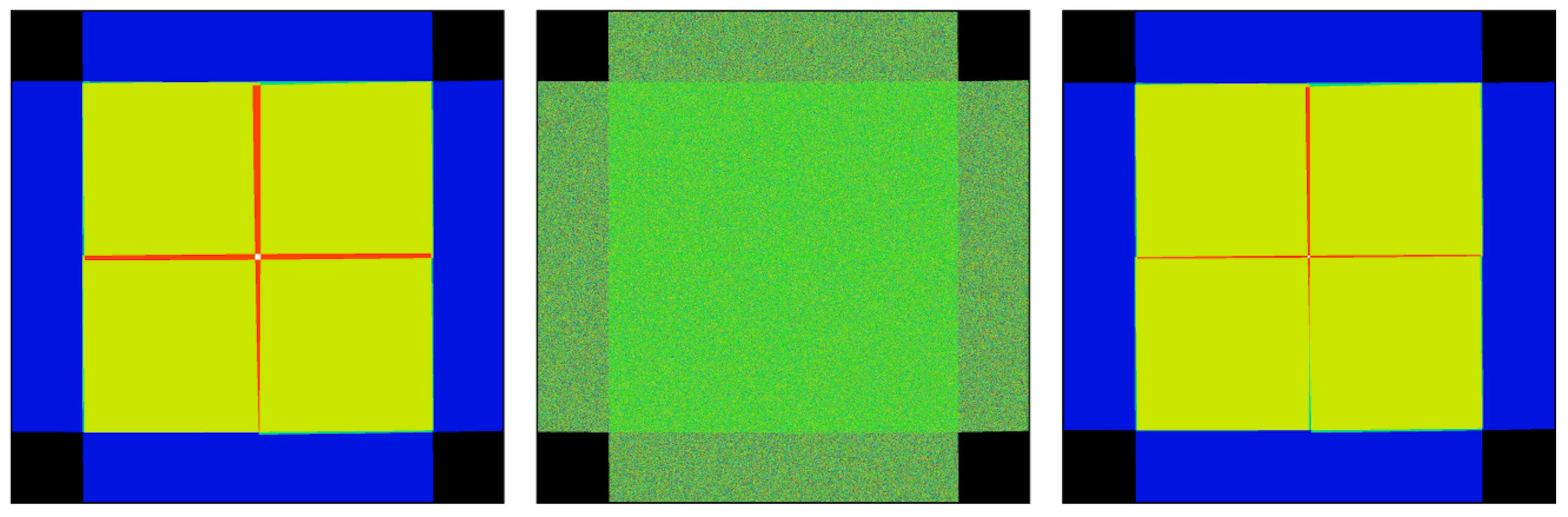 Figure 1. Sample outputs from the tutorial on designing a pointing pattern in the manual of Gnuastro 0.21. Left: the exposure map of a “+”-shaped pointing (offset) pattern with 5 exposures. Center: The stack of pure noise after applying the same pointing list as the left image. Right: Exposure map of same dither pattern as the left image, but with trimming of the outer pixels in each exposure (this usually happens due to vignetting). The color map used shows the largest values as white/red and the smallest values as black/blue.