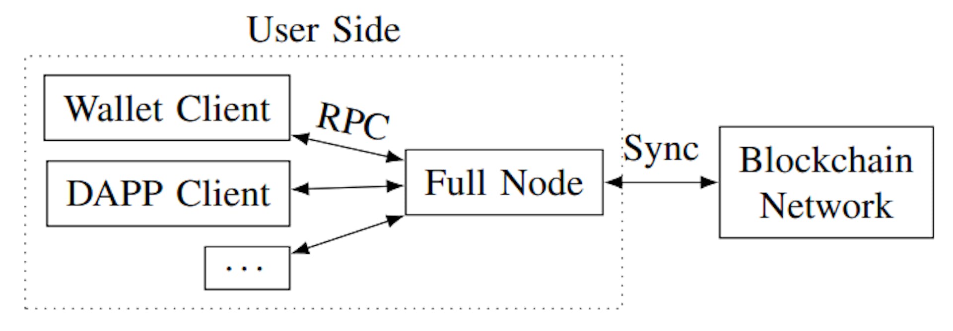 Fig. 2. Example of a user interacting with a full node they own via RPC. The full node constantly synchronizes with nodes in the blockchain network to keep track of information on the ledger. Different clients use RPC to interact with the node to query information about the blockchain.