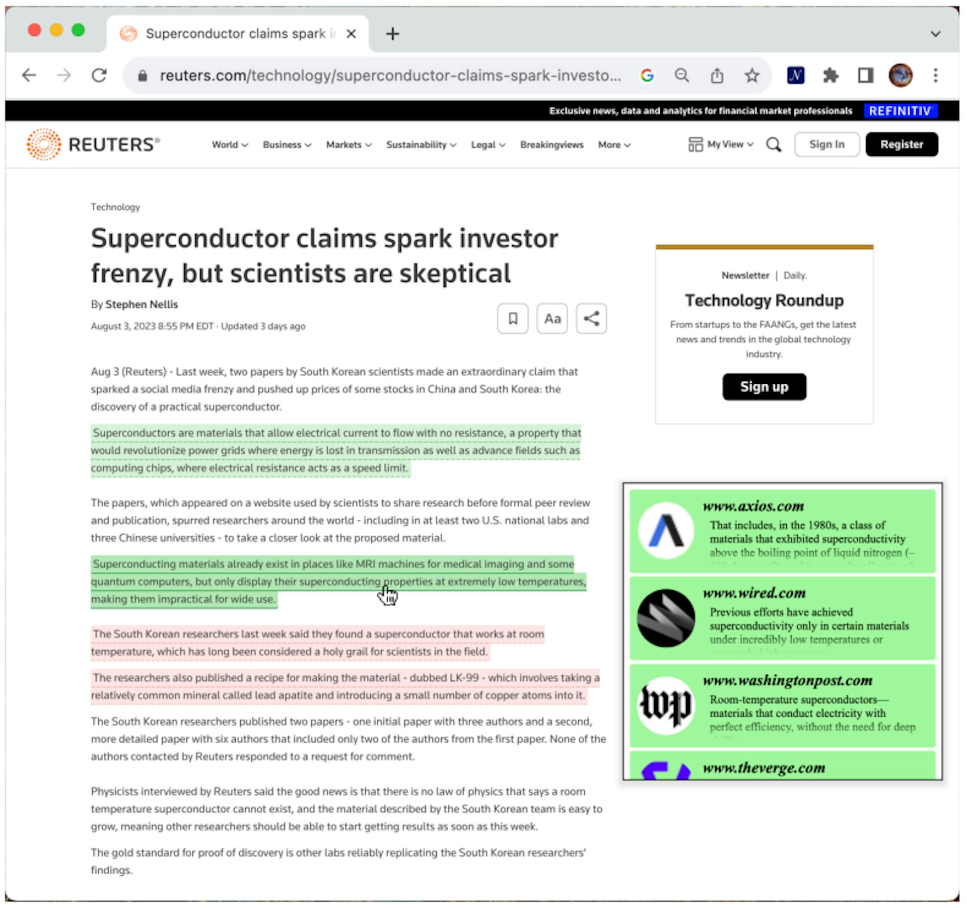 Figure 1: A screenshot from NEWSSENSE browser extension running in Chrome. The extension provides highlights indicated supported and controversial information. When the user clicks on a highlighted sentence, NEWSENSE adds an scrollable overlay box containing snippets of external evidence.