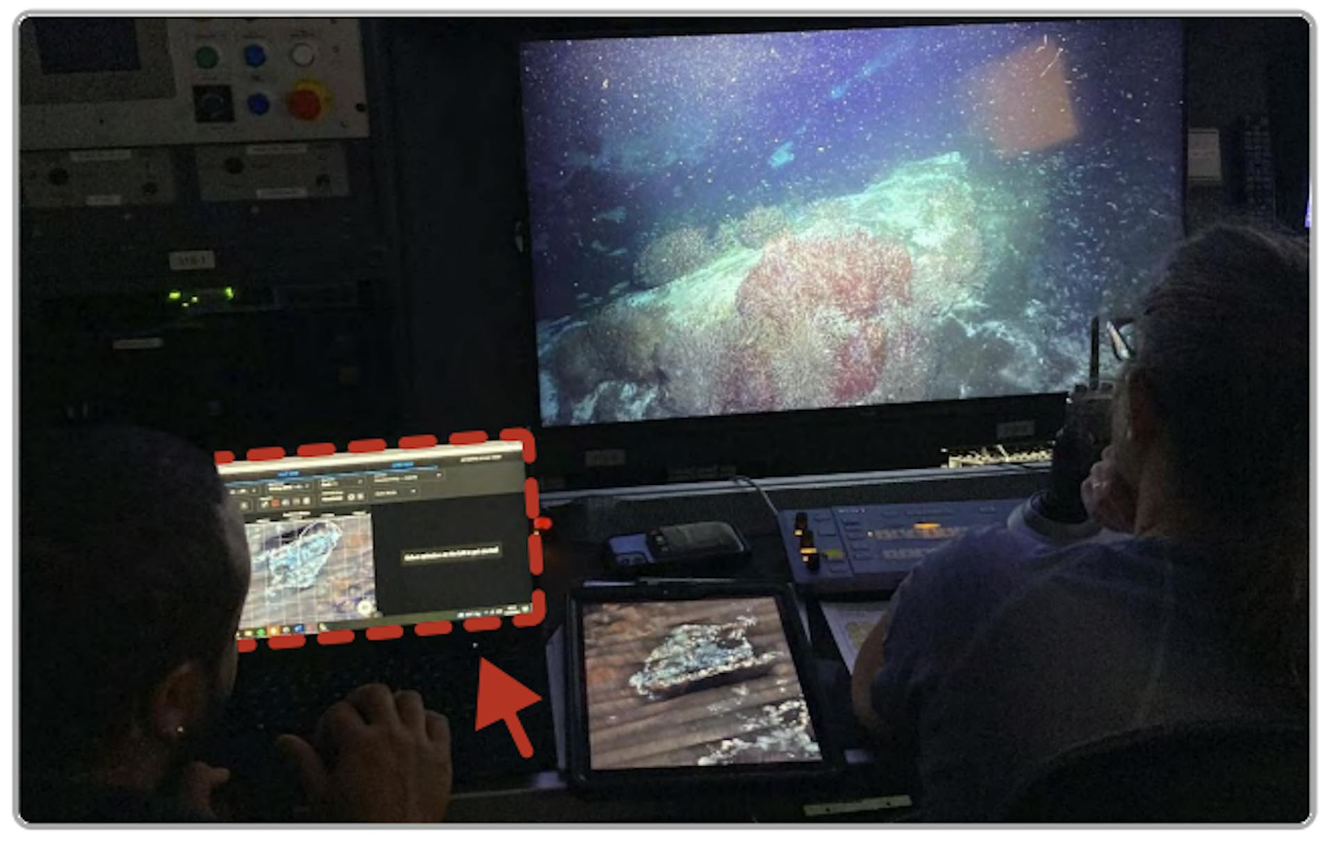 Figure 7: DeepSee being used shipboard during a cruise, helping the dive team locate where to sample cores around vents and seeps of the Pescadero Basin in the Gulf of California.