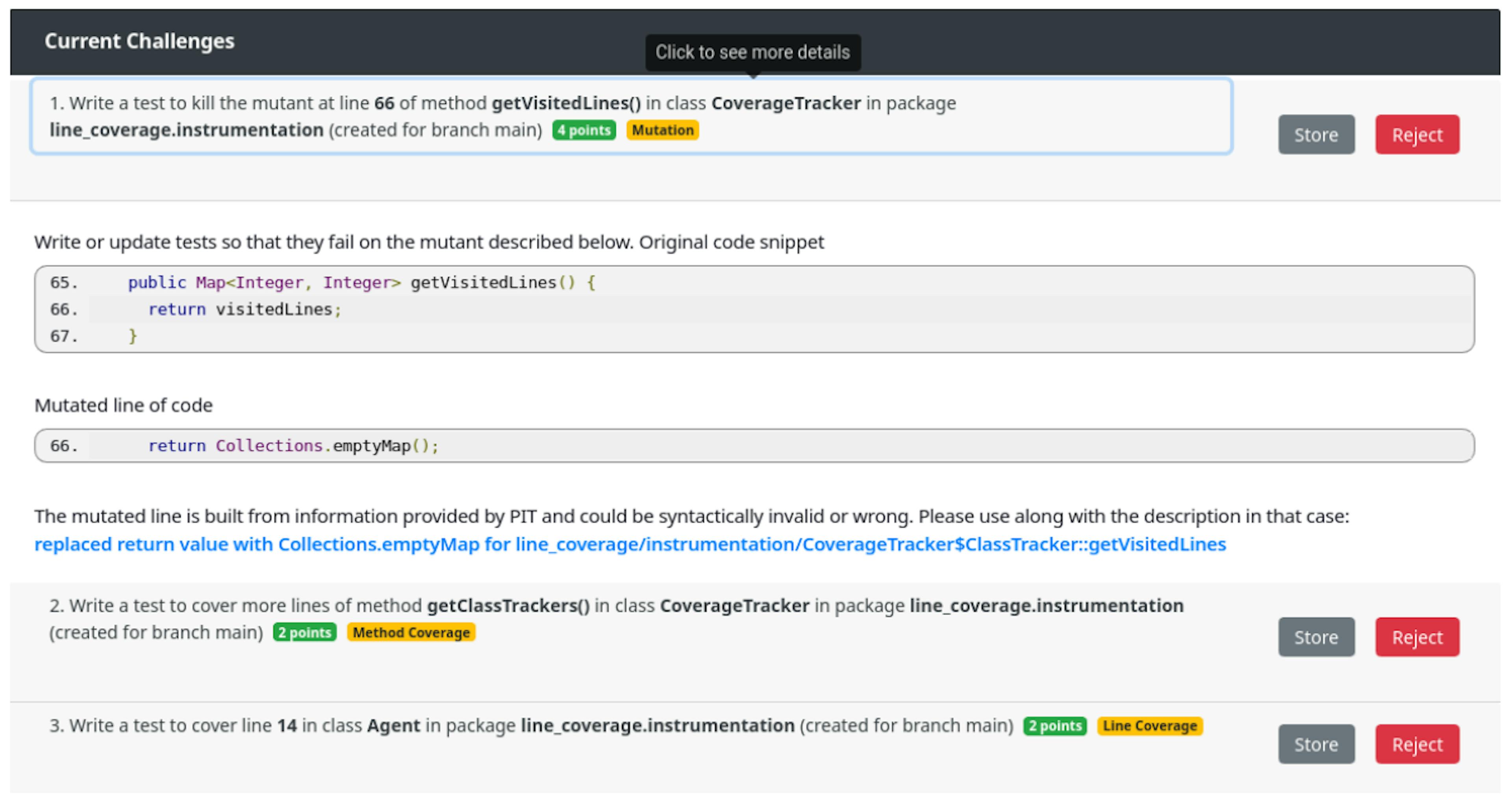 Figure 1: This overview highlights the current challenges, including a Line Coverage, a Method Coverage, and a Mutation Challenge. The Mutation Challenge is further explained with a code snippet, the mutated line of code, and a description.