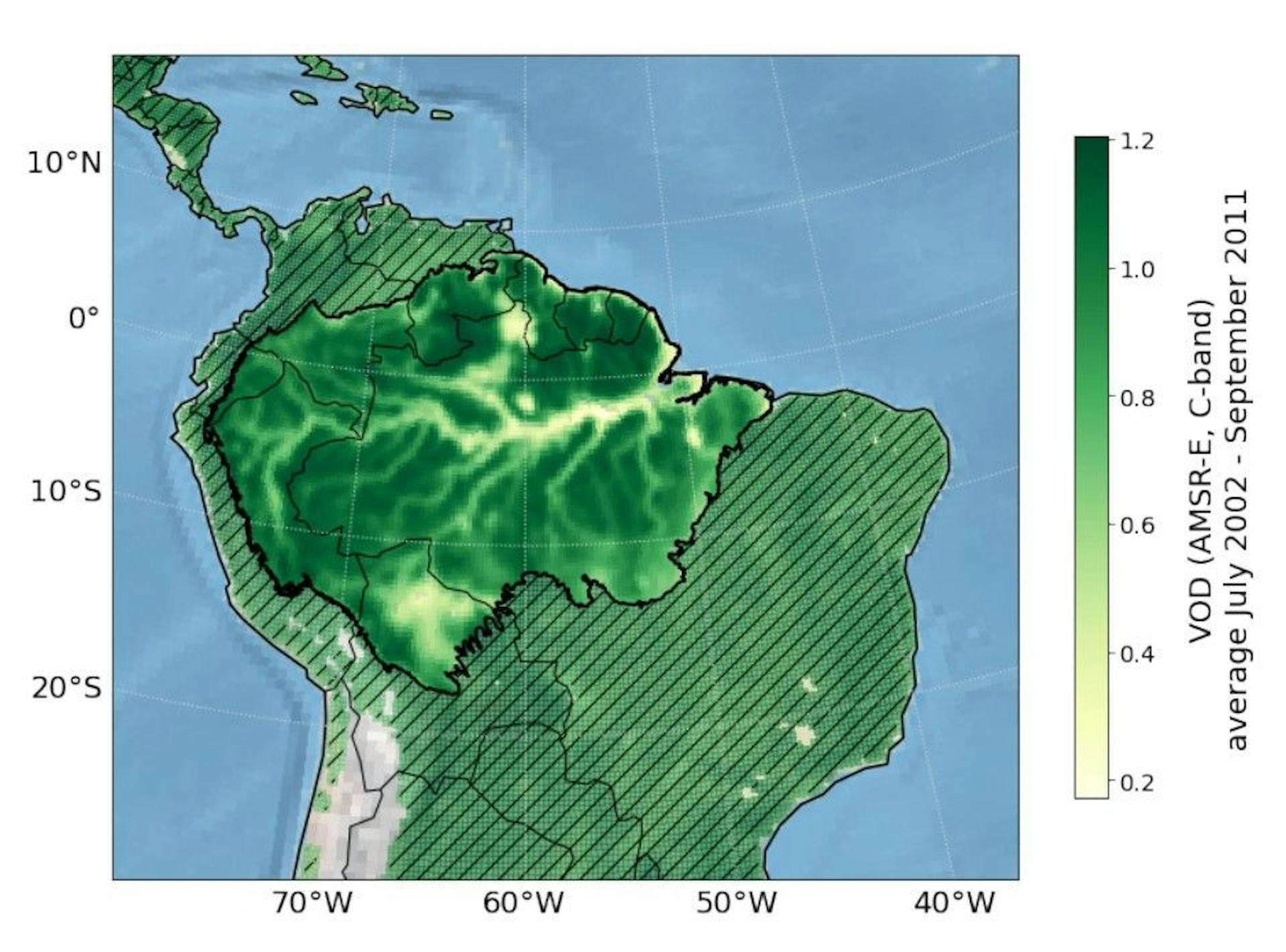 Figure 1: Average Vegetation Optical Depth in the Amazon basin measured by the C-band of the AMSR-E satellite sensor. Daily data is aggregated to a monthly resolution by taking the mean over complete months, hence the time period from July 2002 to September 2011 is considered in the case of AMSR-E. The outline of the Amazon basin can be found at