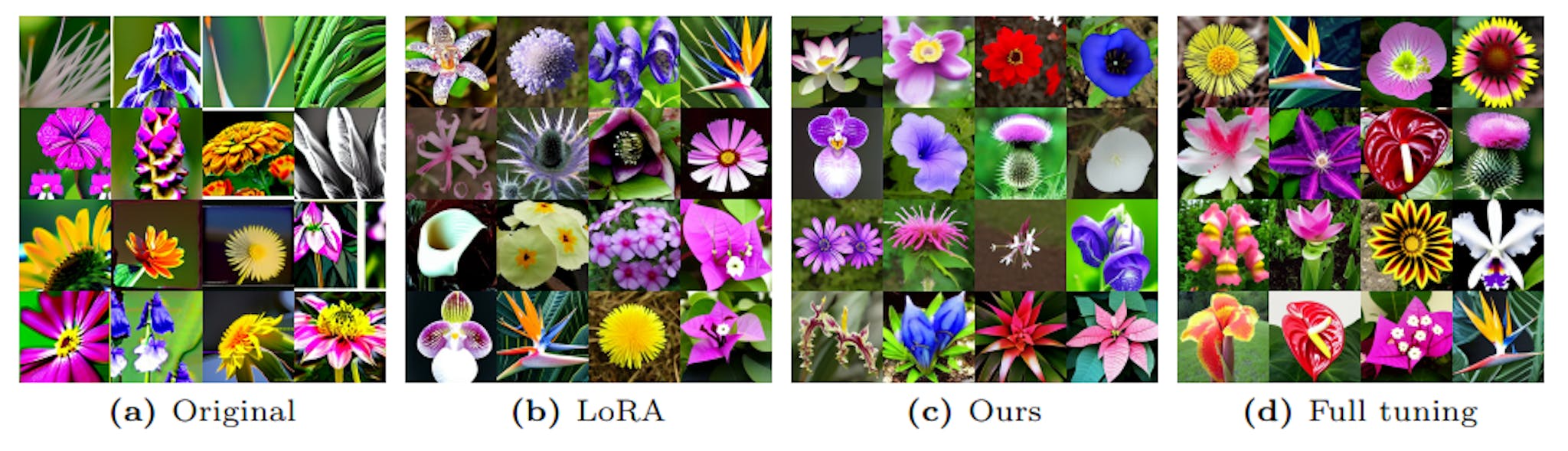 Fig. 14: Images sampled from Stable Diffusion checkpoints fine-tuned on the Flowers102.