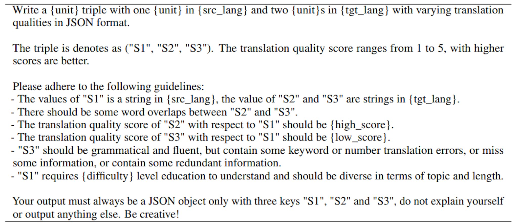 Table 12: Prompt template for bitext retrieval. For placeholders, “{high_score}” ∈ {4, 4.5, 5}, “{low_score}” ∈ {1.5, 2, 2.5}, “{unit}” ∈ {sentence, phrase, passage}, “{difficulty}” ∈ {elementary school, high school, college}.