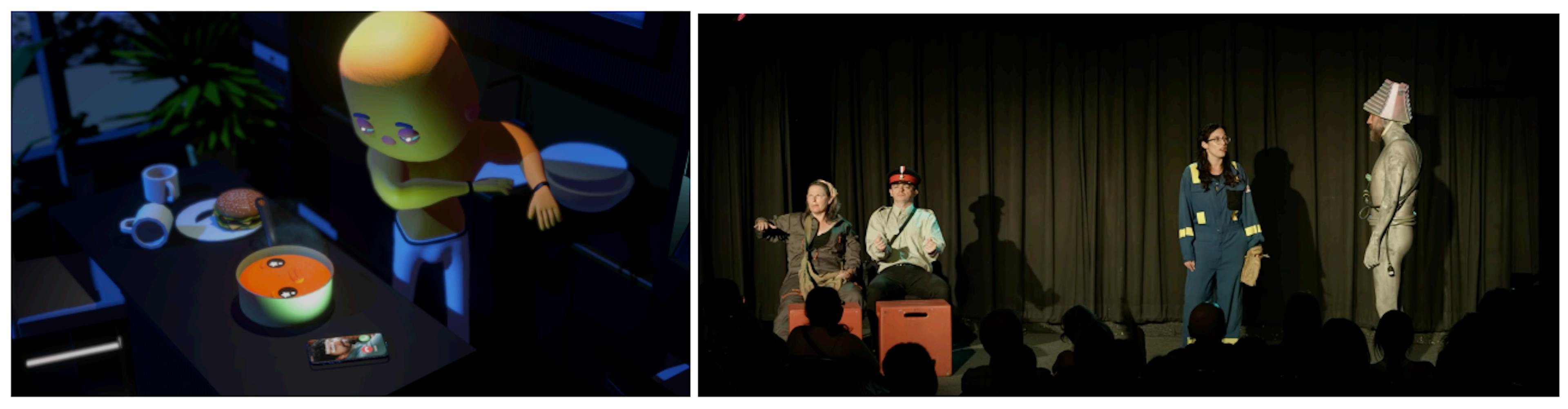 Fig. 4. (LEFT): Concept art used for a narrative test prototype of a virtual actor interpretation of the script Darren just can’t handle the temperature of his soup created by Participant p13. Used with Permission from Transitional Forms. (RIGHT): Photo of human actors interpreting the script Cars: The Day The Earth Stood Still as part of the Plays By Bots series of performances of scripts co-written with Dramatron and director Participant p1. Used with Permission from Rapid Fire Theatre.