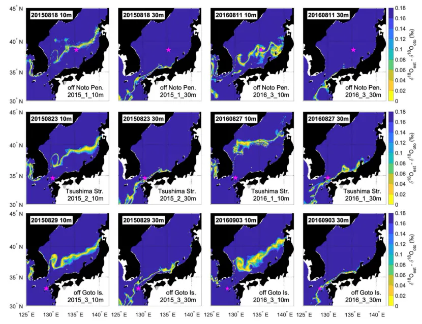 Fig. 5: The estimated distribution areas nearest to the date of sampling, calculated at depths of 10 and 30 m for one representative individual from each sampling area and year. Sample ID and calculated water depth are shown in the lower right corner of each panel. The upper row shows the result of off Noto Peninsula, the middle row shows Tsushima Strait, and the lower row shows off Goto Islands. The left two columns show the estimated distribution areas for individuals sampled in 2016, and the right two columns show the estimated distribution areas for individuals sampled in 2015.