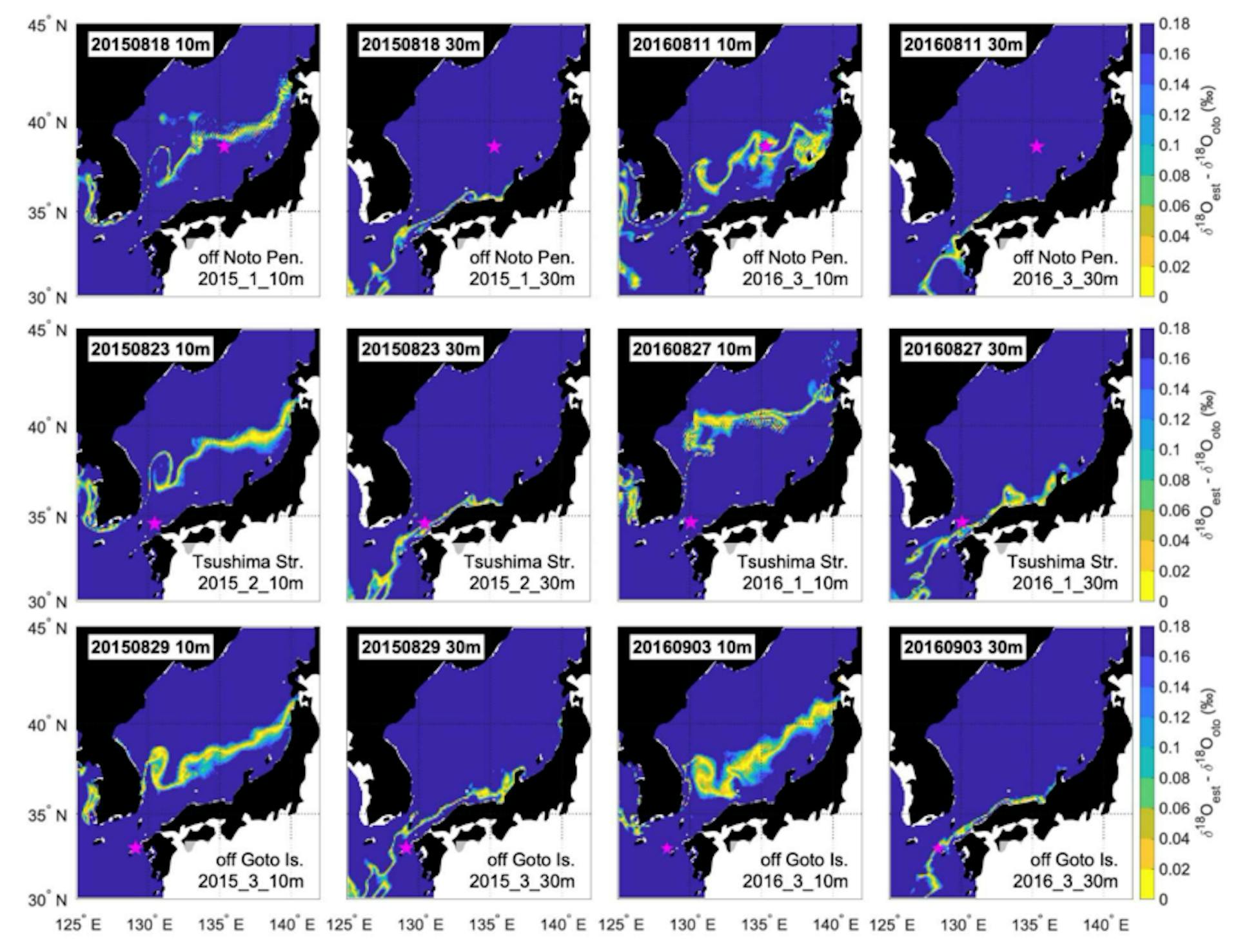 Fig. 5: The estimated distribution areas nearest to the date of sampling, calculated at depths of 10 and 30 m for one representative individual from each sampling area and year. Sample ID and calculated water depth are shown in the lower right corner of each panel. The upper row shows the result of off Noto Peninsula, the middle row shows Tsushima Strait, and the lower row shows off Goto Islands. The left two columns show the estimated distribution areas for individuals sampled in 2016, and the right two columns show the estimated distribution areas for individuals sampled in 2015. 