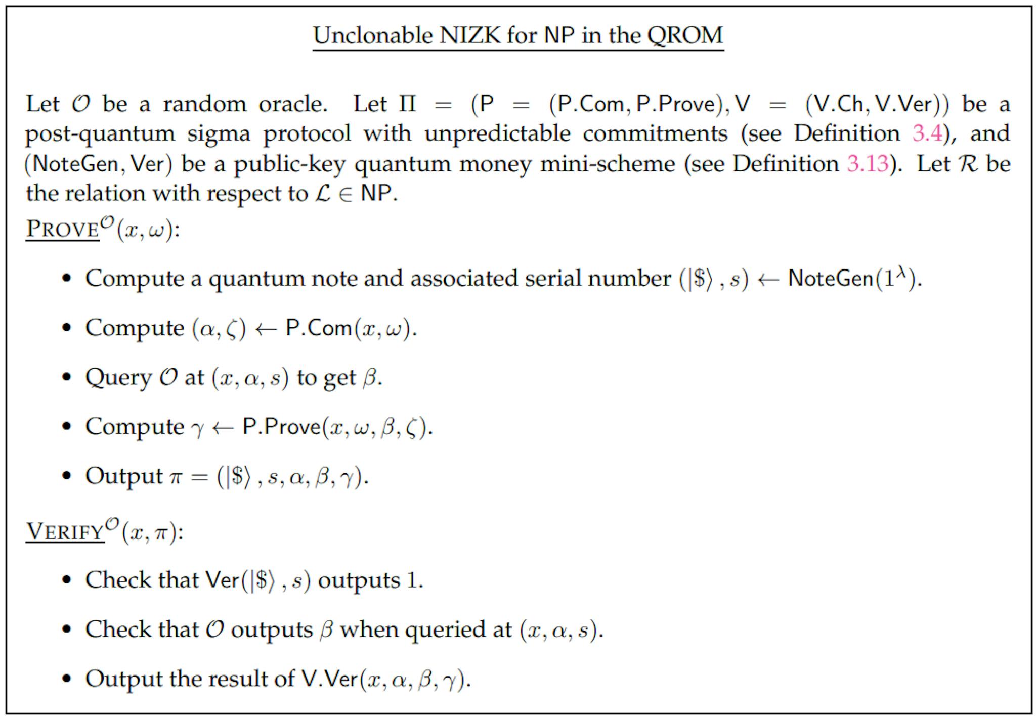 Figure 5: Unclonable Non-Interactive Quantum Protocol for L ∈ NP in the Quantum RandomOracle Model