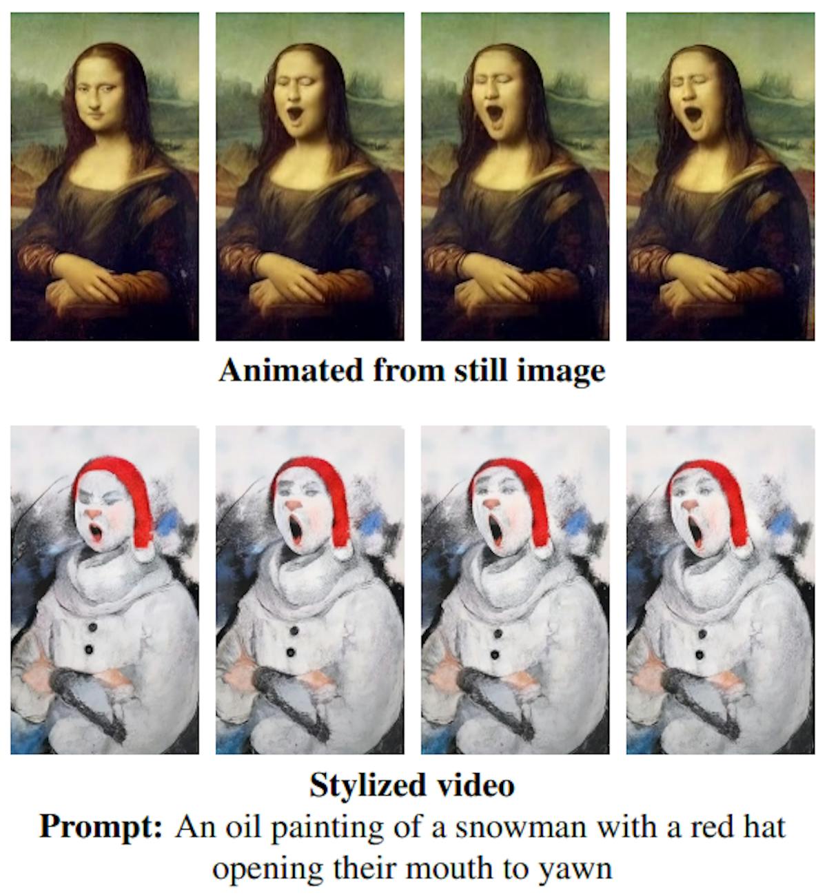 Figure 7: Example of zero-shot video editing via task chaining (text conditioned image-to-video and stylization)