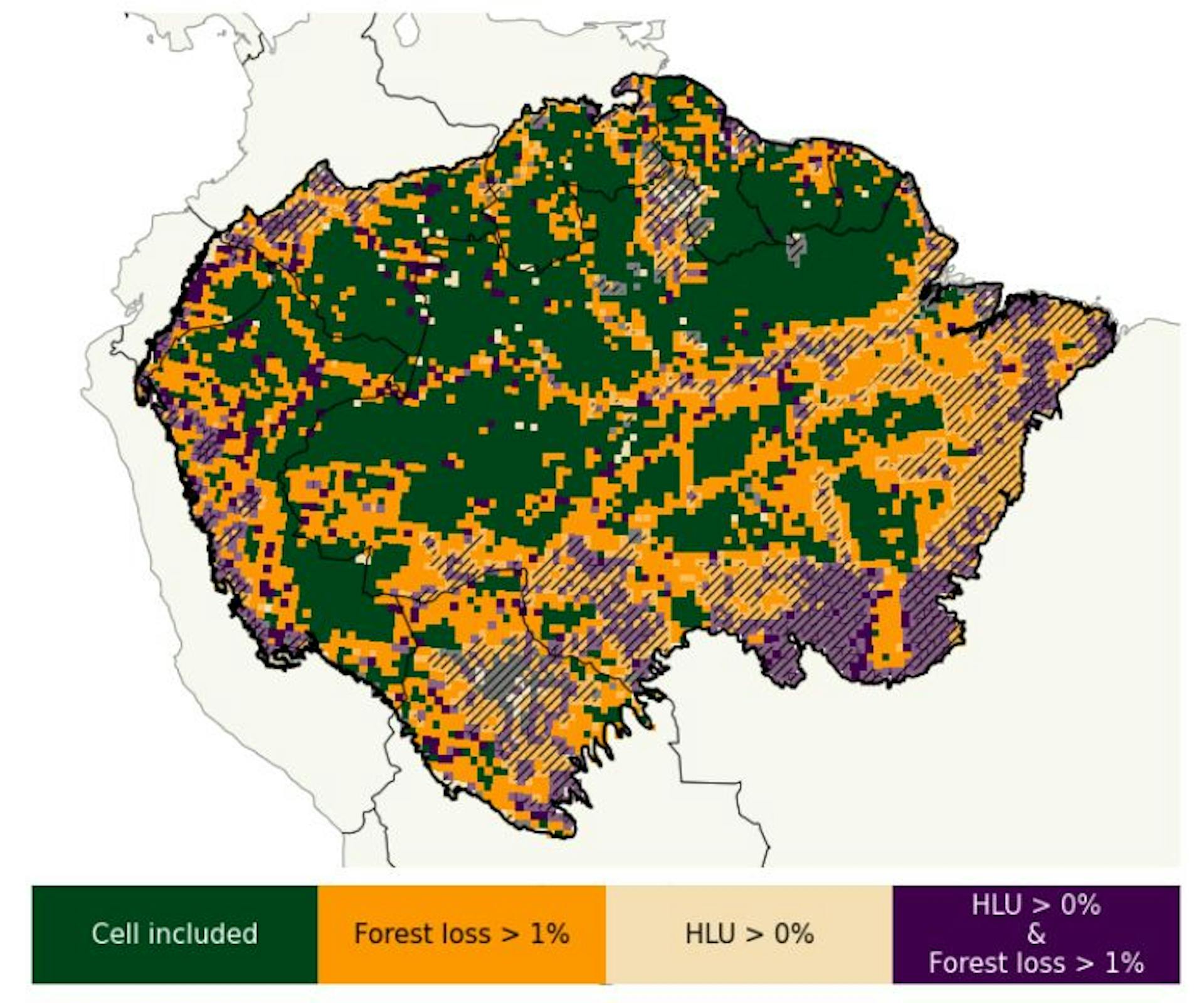 Figure 3: Grid cells included in the analysis. For a grid cell to be included (green), there may not be any remotely sensed Human Land Use (Friedl and Sulla-Menashe, 2015) (HLU, violet) and the forest loss according to Hansen et al. (2013) (orange) may not cumulate to more than 1 % of the cell’s area over the years 2001 to 2020. Furthermore, the Evergreen Broadleaf Fraction (EBlF, hatched) may not be less than 80 % in any of the years, assuring that only dense rainforest is considered.