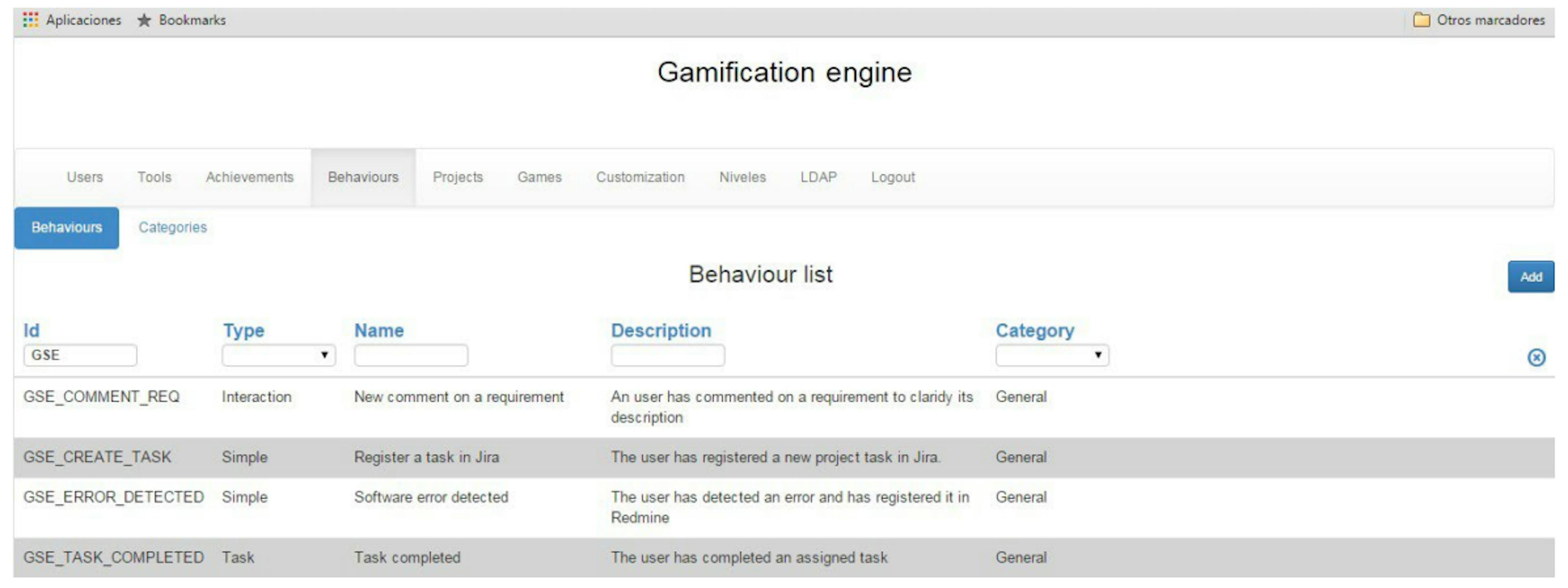 Fig. 3 Screenshot of the behavior definition screen.