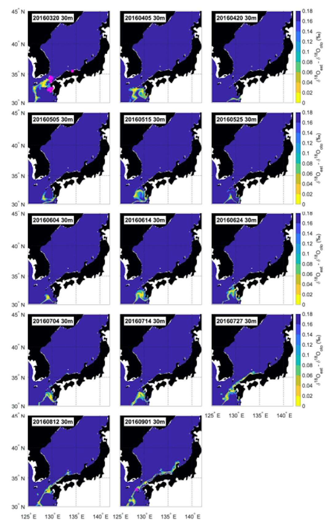 Figures S3. Example of estimated distribution areas of the individual collected off Goto Islands in 2016 (Off Goto Islands_2016_1), assuming the distribution depth of 30 m. The blue to yellow gradation indicates the estimated distribution areas. Spawning grounds are presented as pink circles. Sampling areais presented aspink star. The upper leftmost figure shows the estimated distribution area of the nearest hatching date and the lower rightmost figure shows the estimated distribution area of the nearest sampling date.