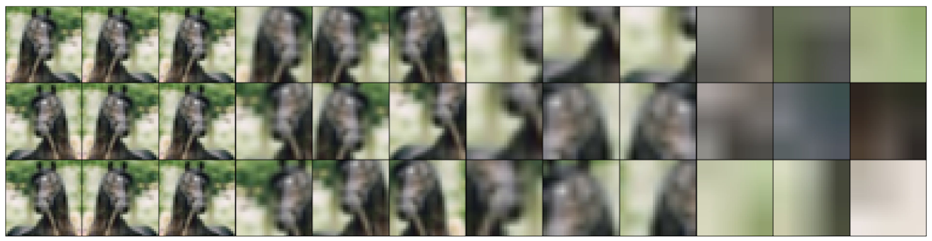 Figure 1: This figure shows a collection of four 3x3 grids, each demonstrating the effect of a Random Crop + Random Horizontal Flip combined data augmentation on an image belonging to the ”horse” class of the CIFAR-10 dataset. The Random Crop α for is 0%, 30%, 60% and 90% for each grid, respectively. Label loss progression can be intuited to a degree, as the proportion of images that lack the distinctive features of the ”horse” class increases with α.