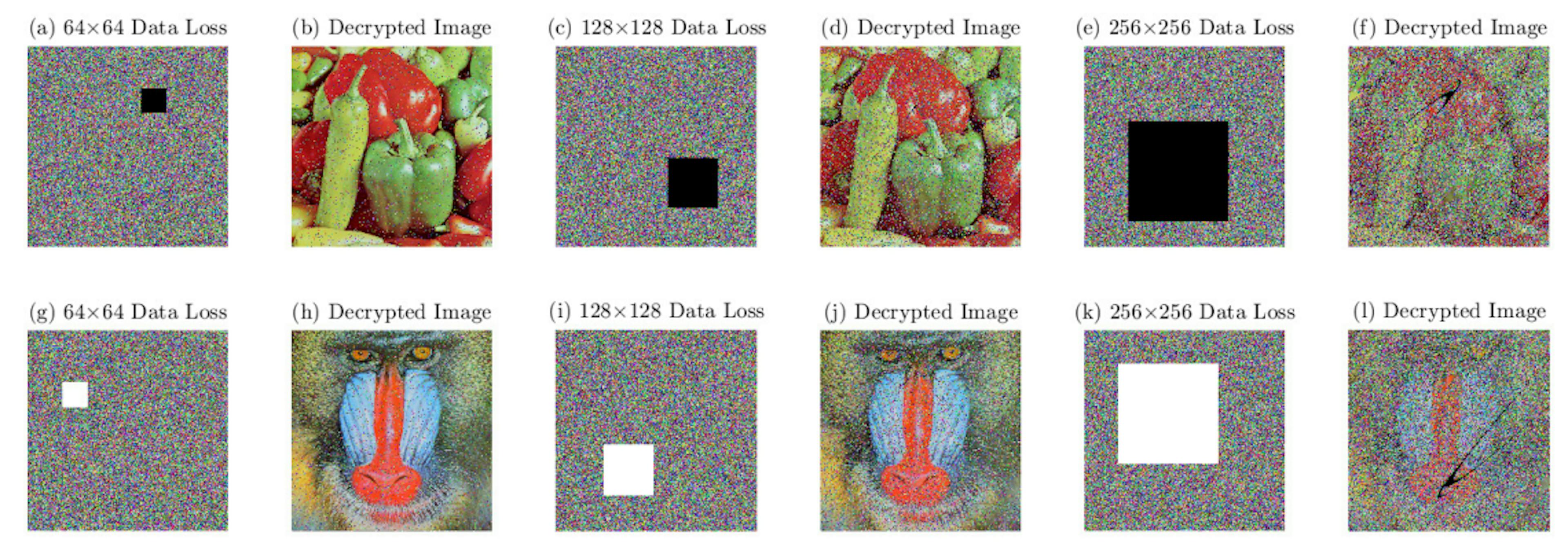 Figure 7: Resistance to data loss. (a)-(f) cipher images with different data losses and the corresponding images decrypted with PLCM, (g)-(j) cipher images with different data losses and the corresponding images decrypted with 2DLASM.