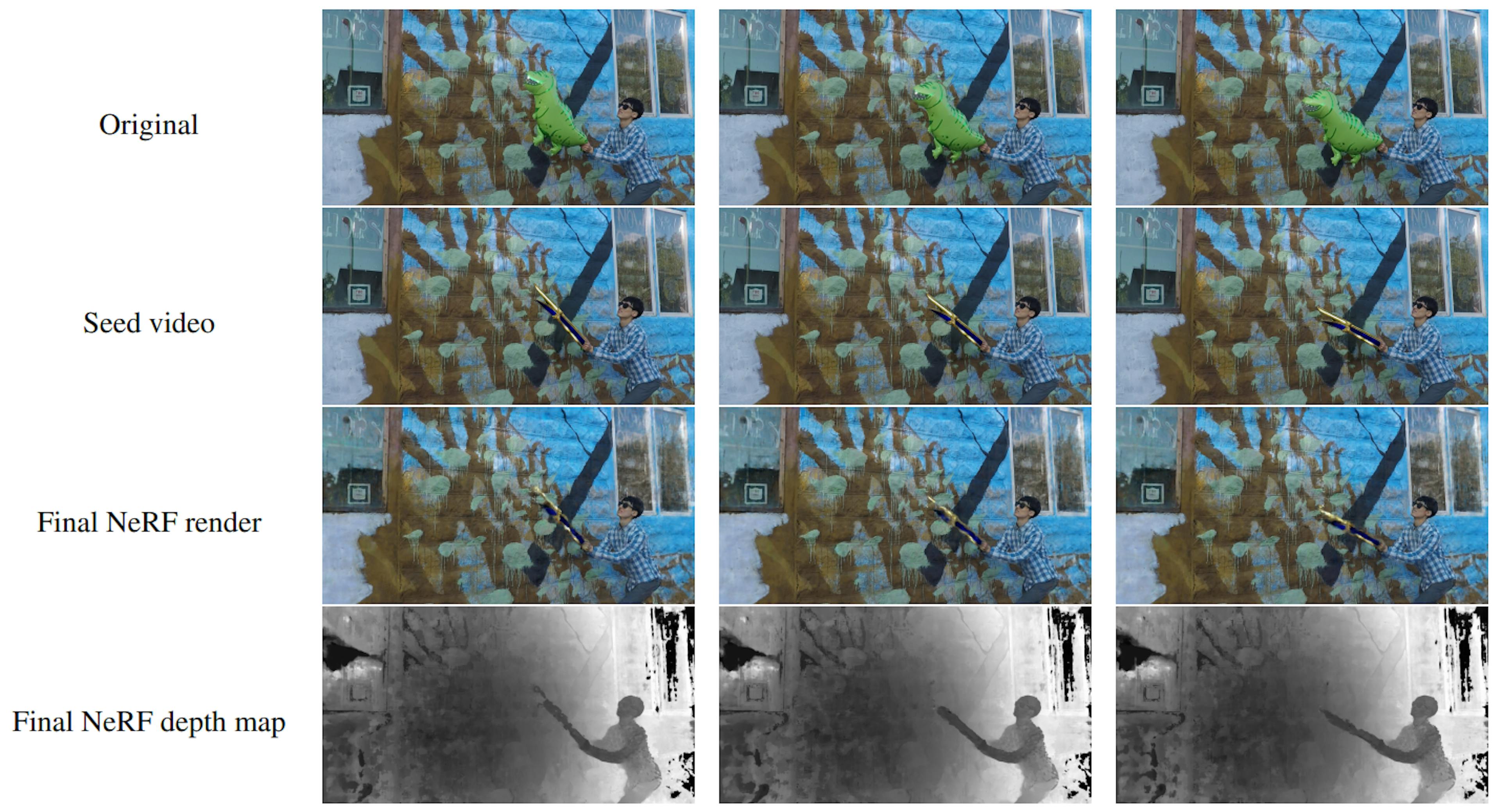 Figure 3. 4D NeRF Inpainting example. Text prompt: “a golden sword, side view”. The first column corresponds to the first frame which includes the first seed image, and the other columns correspond to 2 later frames. Inpaint4DNeRF can generate a moving object that is overall consistent.
