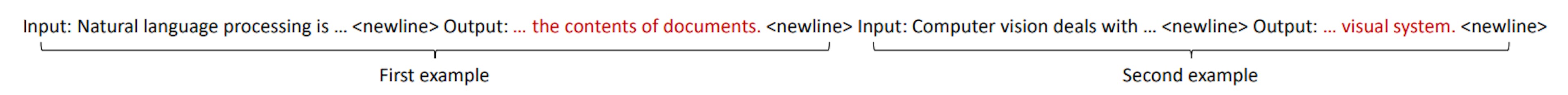 Figure 3.2: An example of a training instance. Each instance is formed by several training examples. During training, we use left-to-right language models and compute a cross-entropy loss on the output texts (indicated by the red color in the shown example). We note that when computing the loss on the second example, the first example can be seen as task demonstrations. For brevity, we show part of the input and output texts.