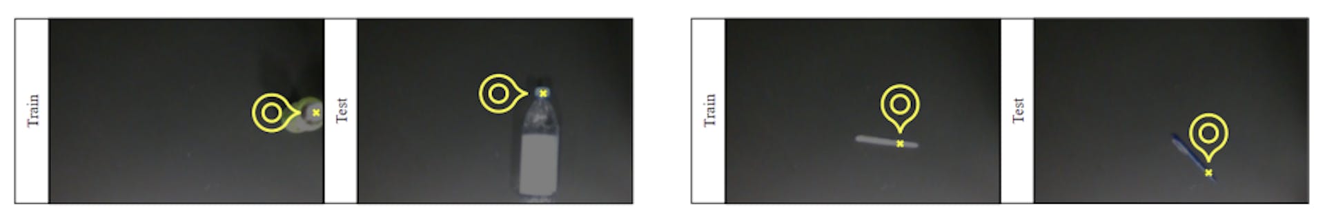 Figure 11: Instance generalization. First pair shows instance generalization with different camera views: from the top and from the side. The first train parameter is set on the bottle cap. The second train parameter is set on the pen grip.