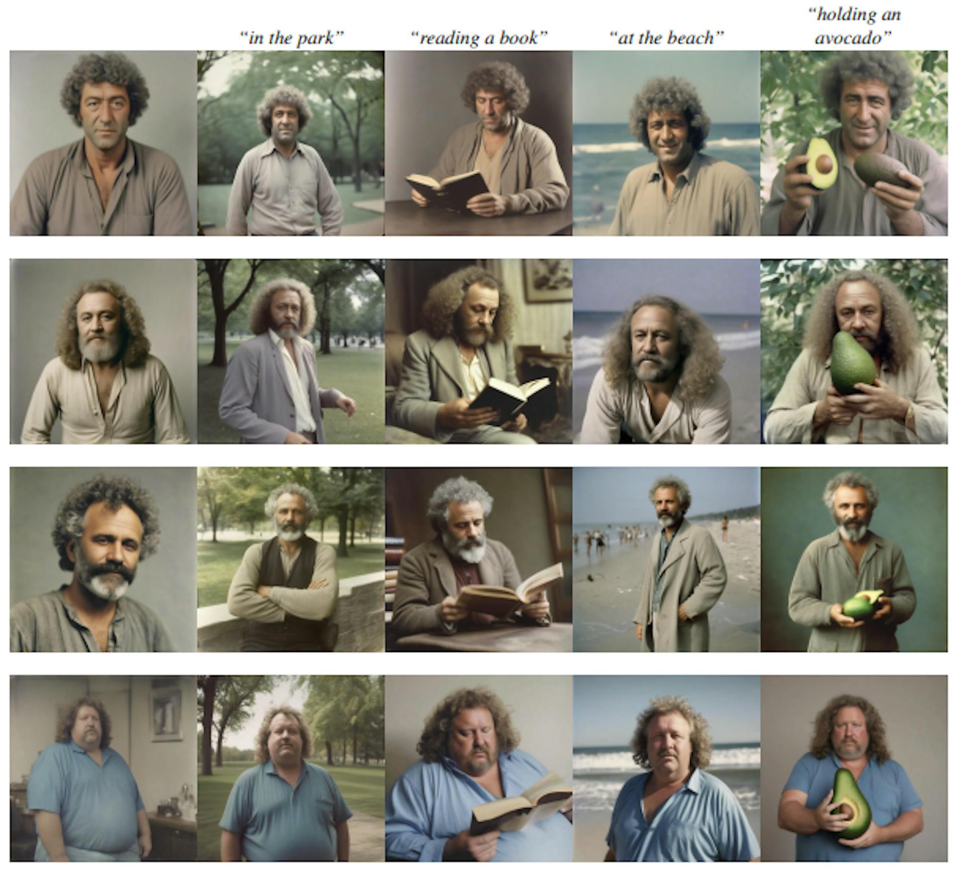 Figure 16. Non-determinism. By running our method multiple times, given the same prompt “a photo of a 50 years old man with curly hair”, but using different initial seeds, we obtain different consistent characters corresponding to the text prompt.