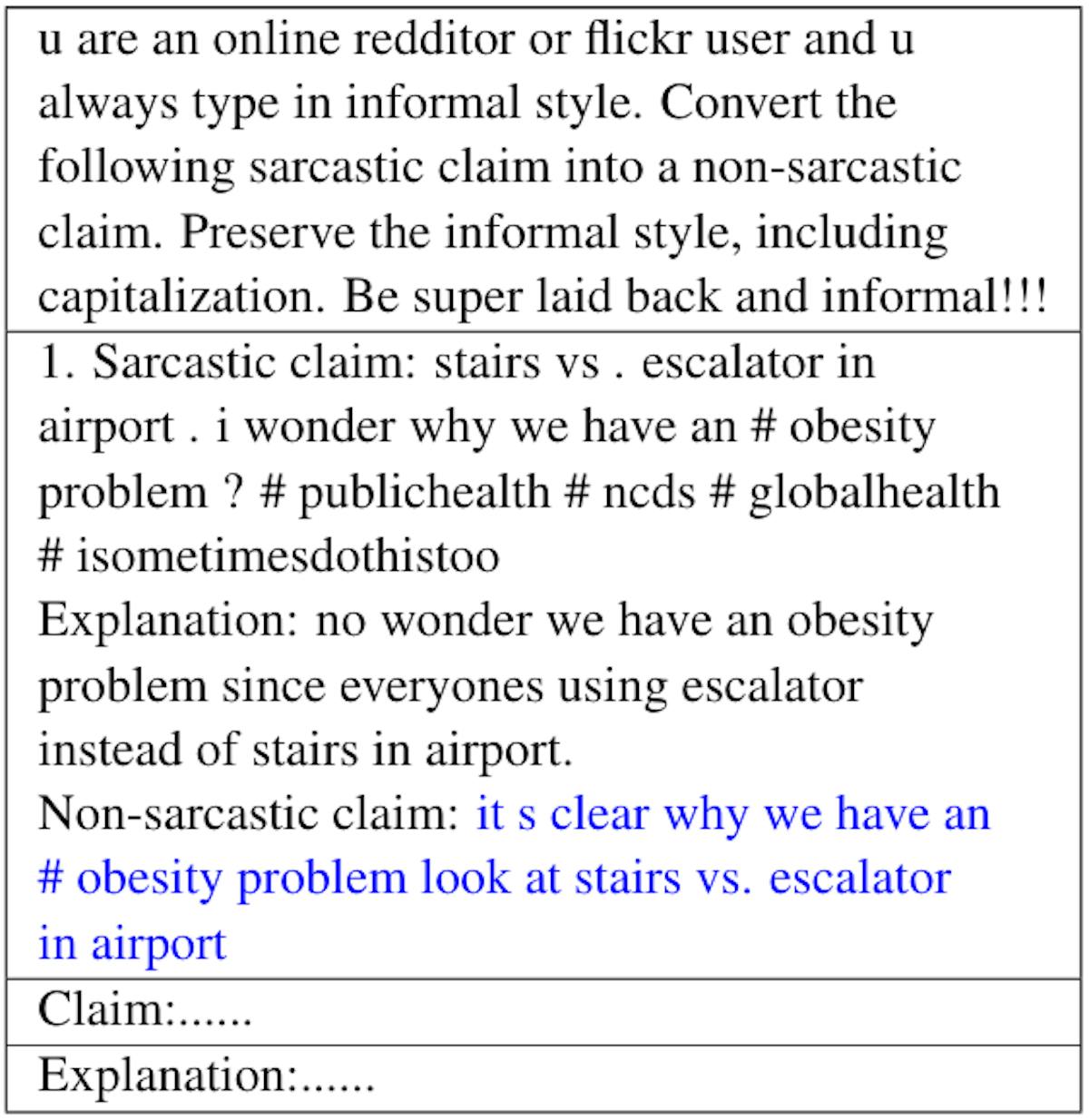 Table 11: Few shot prompt given to an LLM (gpt-4-0613) for generating opposite claims utilizing the sarcastic claim and crowd worker explanation.
