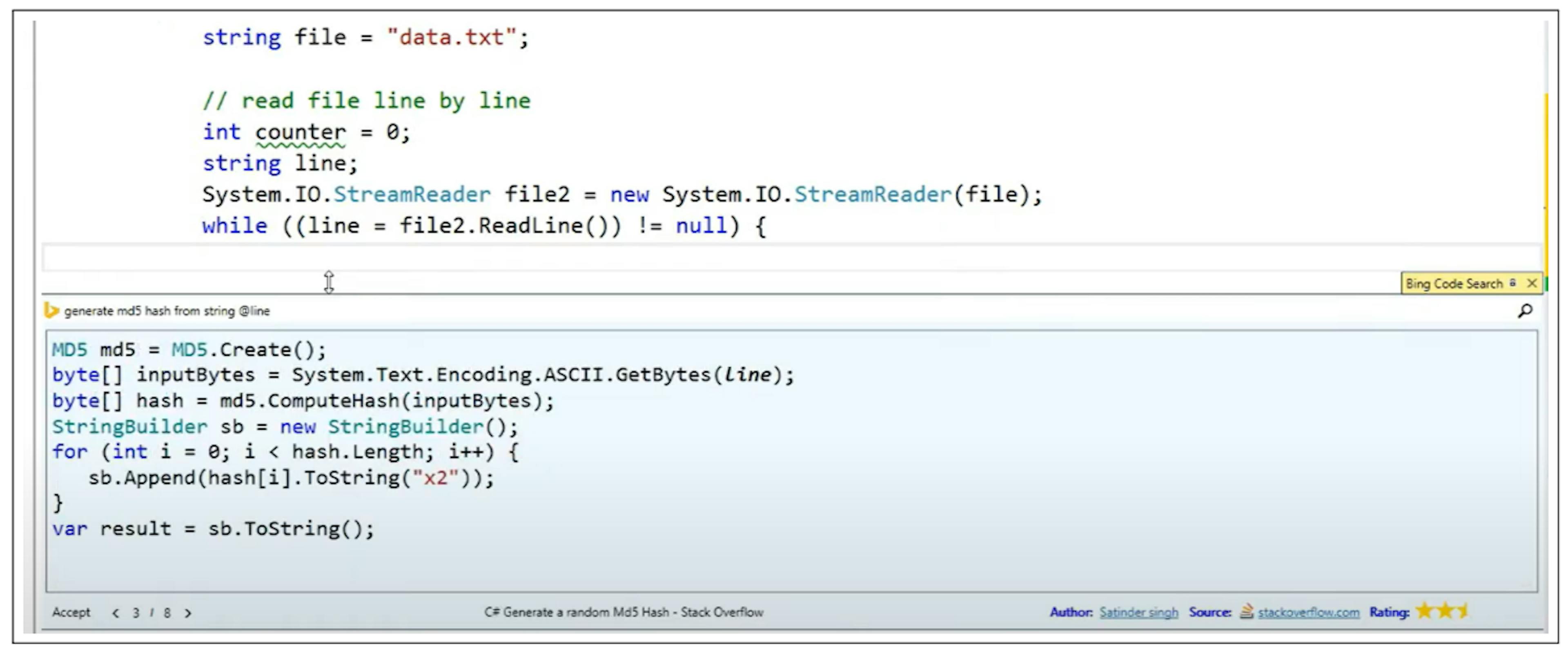 Figure 5 – Searching for code snippets using Bing Developer Assistant. A result for Stack Overflow is shown. Note how the query “generate md5 hash from string @line” contains a hint about the identifier line, which is used to rewrite the retrieved snippet. Source: https://www.microsoft.com/en-us/research/publication/building-bing-developer-assistant/
