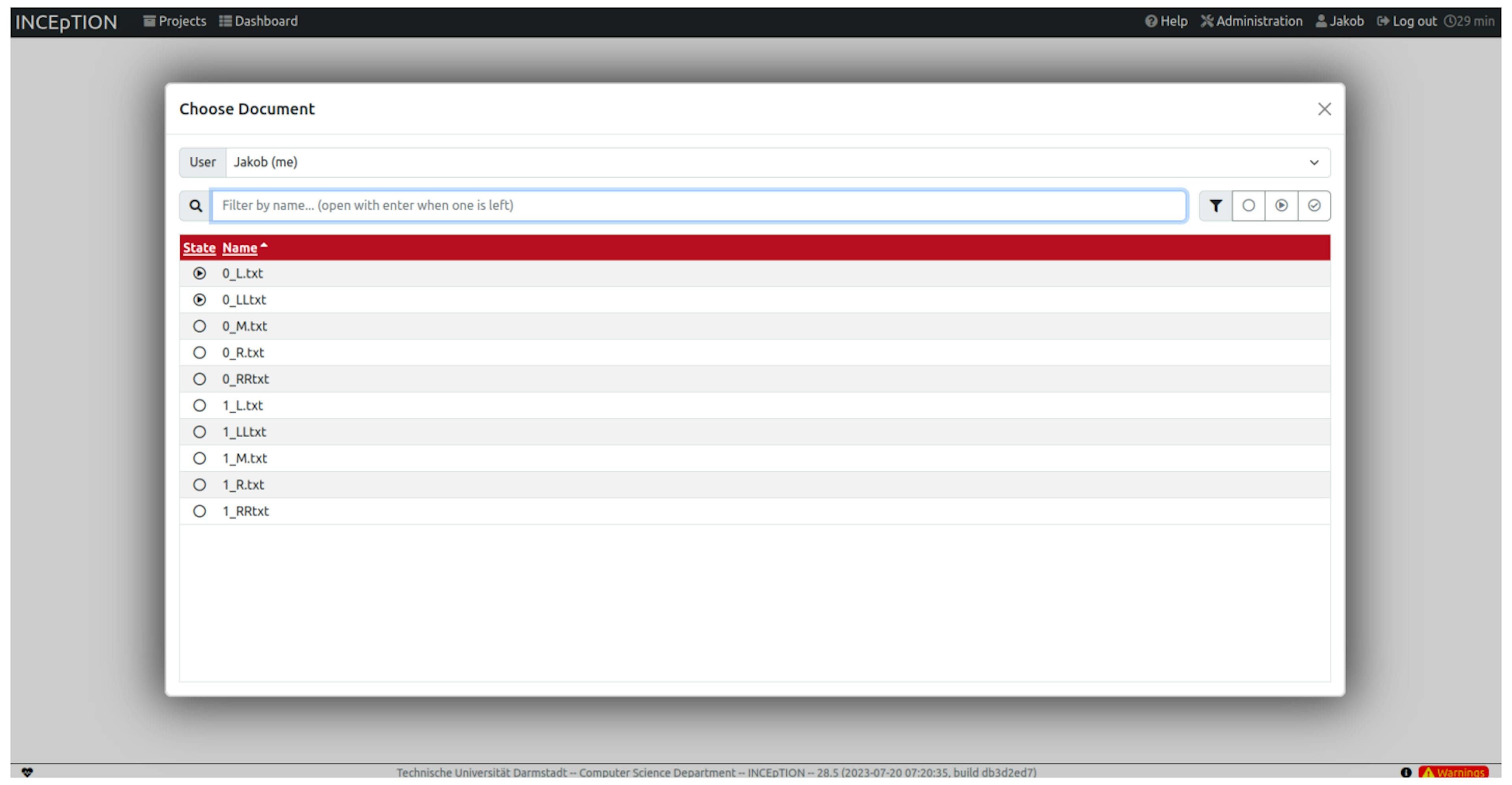 Figure 4: Screenshot of Inception window showing a list of all documents to be annotated.