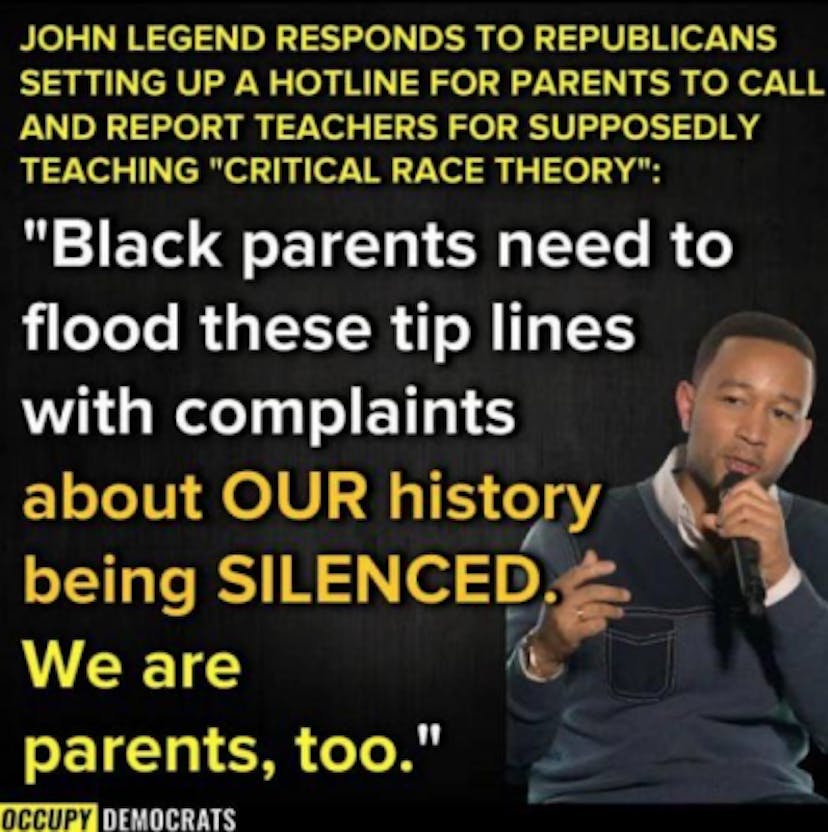 Figure 9. Pro-CRT meme which depicts singer/songwriter John Legend advocating for Black parents to fight back against anti-CRT policy