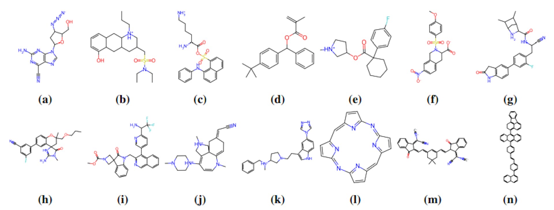 Figure 6: Structures of molecules discussed herein. (a). RDKit Atom n zidovudine top result #2; (b). RDKit Atom n LSD top result #7; (c). RDKit Atom n acid blue 25 FA top result #9; (d). RDKit Atom n avobenzone top result #13; (e). RDKit Atom n fentanyl top result #20; (f). RDKit Atom n penicillin G top result #9; (g). OEChem nirmatrelvir top result #16; (h). OEChem nirmatrelvir top result #17; (i). OEChem nirmatrelvir top result #8; (j). OEChem LSD top result #8; (k). OEChem LSD top result #14; (l). OEChem acid blue 25 FA top result #5; (m). OEChem acid blue 25 FA top result #20; (n). OEChem 2-dPAC top result #15.