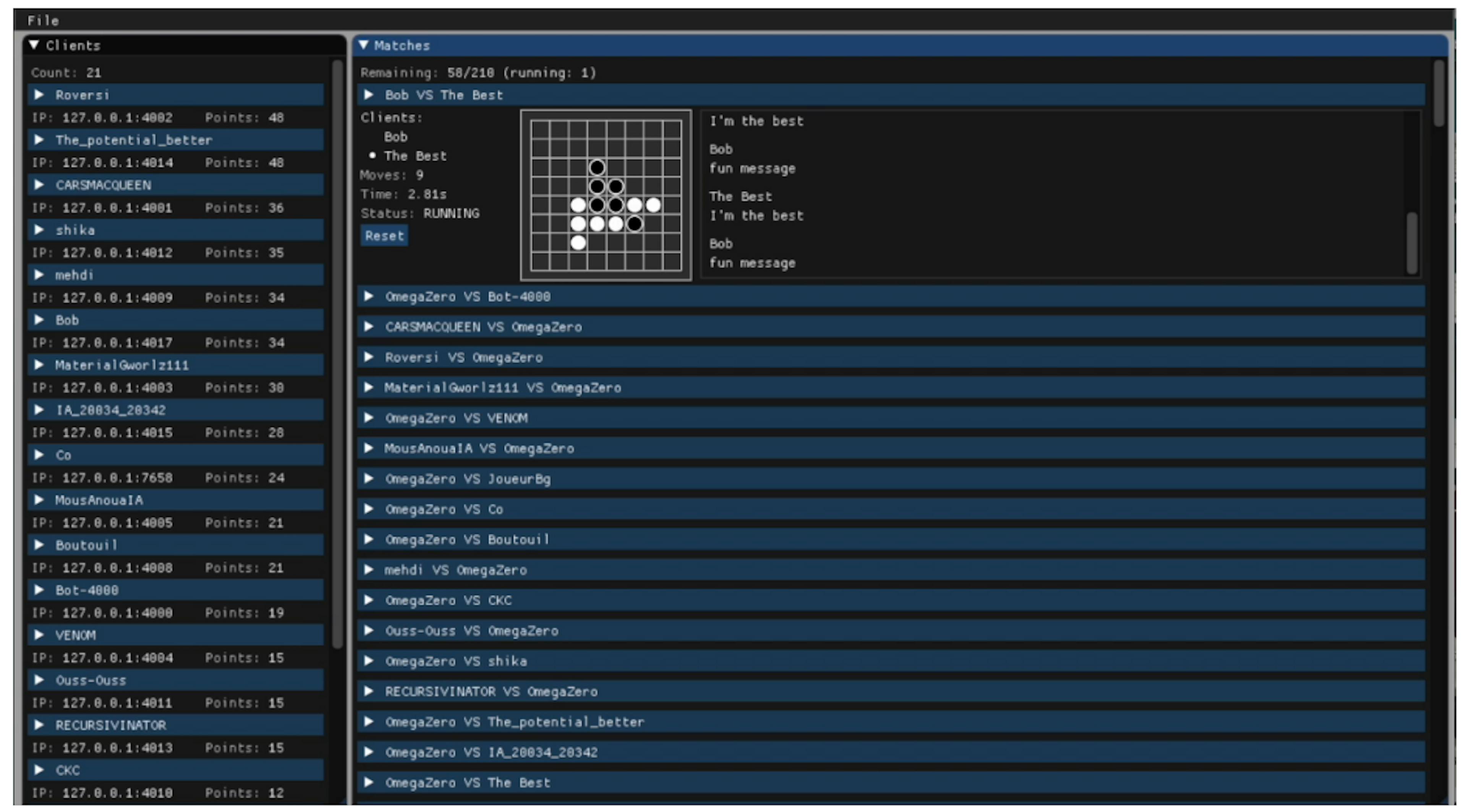 Figure 2. GUI of the tournament software. The current game being played is displayed on the top right; below, is the list of queued games. The left column shows all connected clients (AI agents).