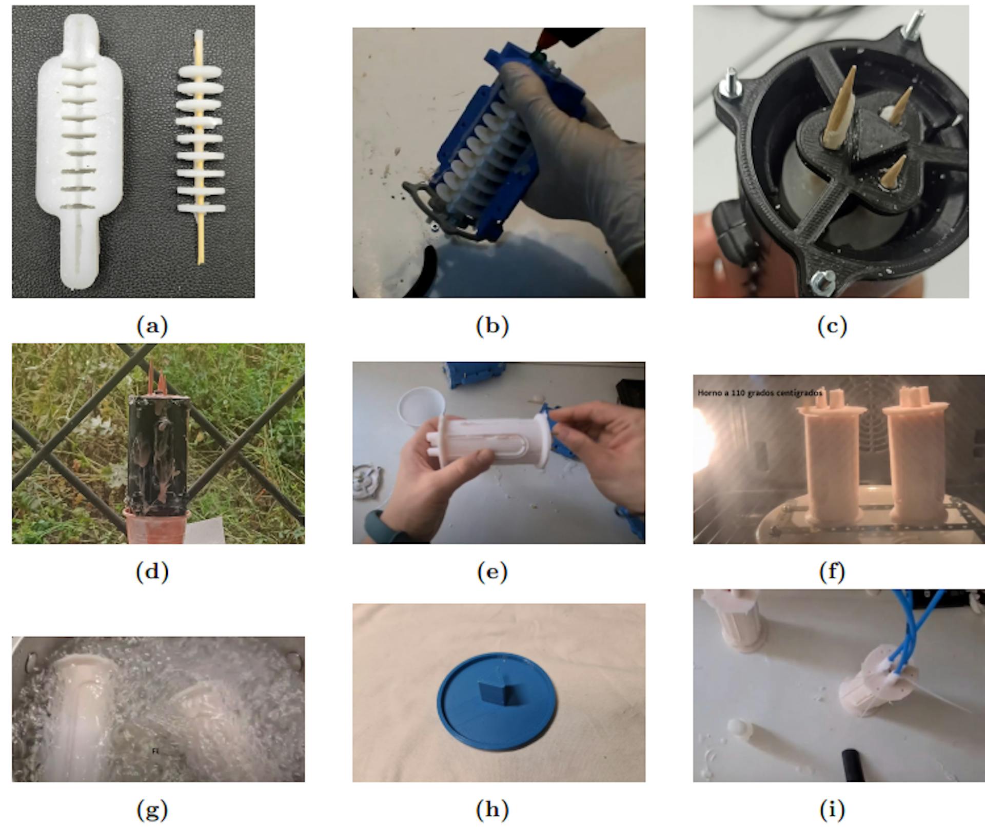 Figure 5. Complete the process of manufacturing urine. (A) Bladder manufacturing. (B) The mold group. ( (D) Silicon treatment. (E) Remove the extra parts. (F) melting wax in the oven. (G) Boys in boiling water. (H) Seal the bottom of the mold. (I) Pipe laying. Source: Authors.