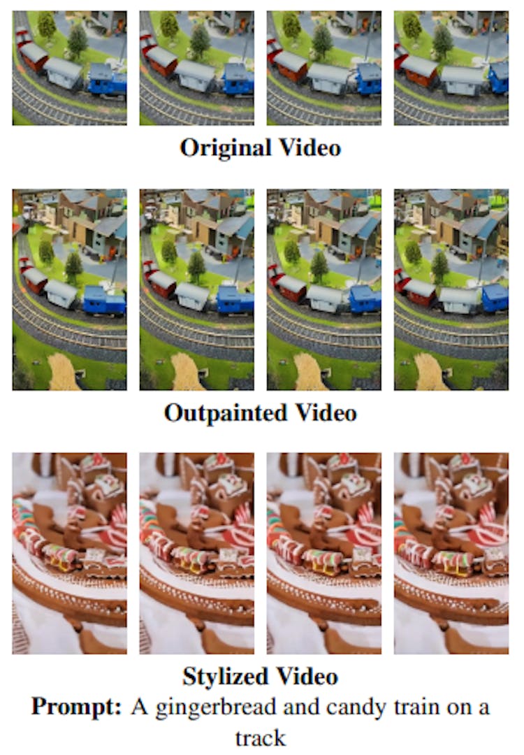 Figure 10: Example of zero-shot video editing via task chaining (outpainting and stylization) – the original video is first outpainted and then stylized via a text prompt.